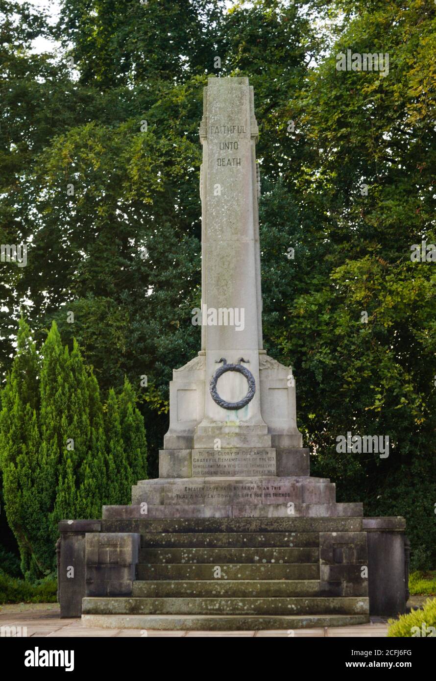 Upholland War Memorial grade 11 listed constructed from Portland Stone and consists of a square raised base with a stepped approach Stock Photo