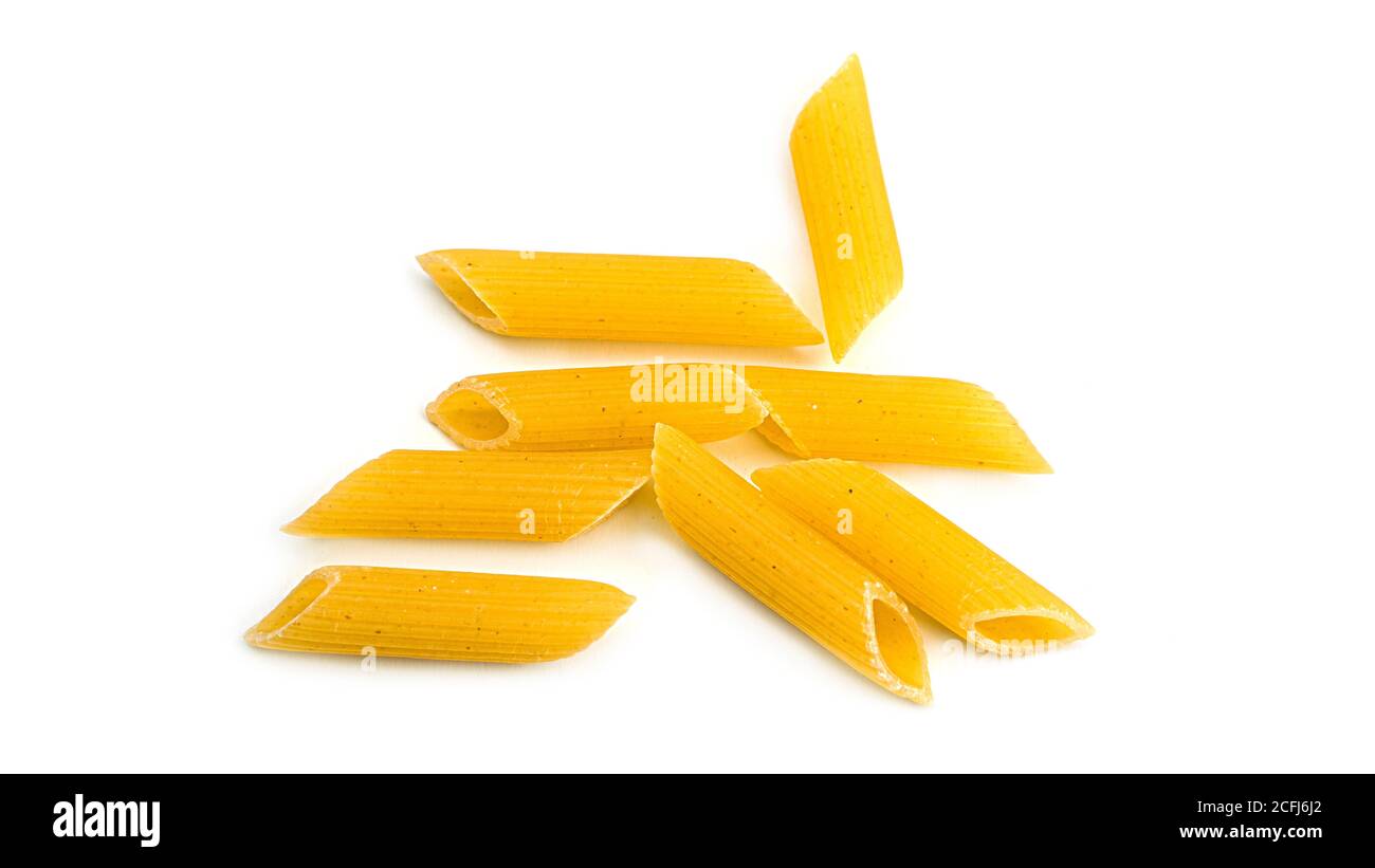 Raw penne rigate shape of italian pasta on white background. High quality photo Stock Photo