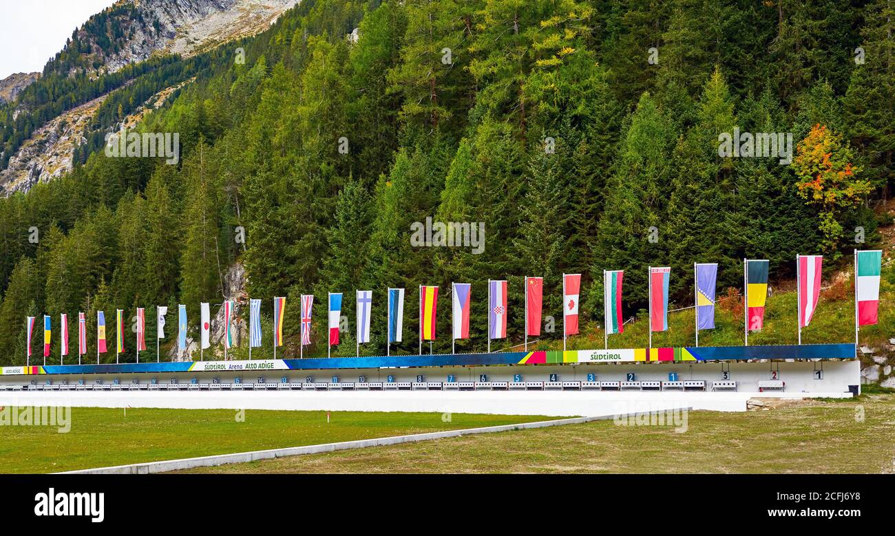 Visiting Anterselva biathlon arena. Dolomite Alps, Italy Stock Photo