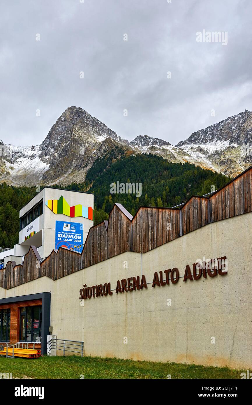 Visiting Anterselva biathlon arena. Dolomite Alps, Italy Stock Photo
