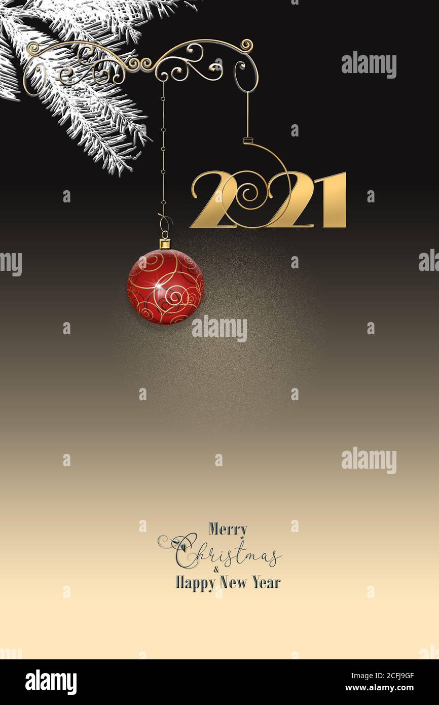 Luxury elegant Christmas New Year ornament with red gold bauble with gold confetti, digit 2021 on black background. Vertical 2021 New Year card with text. Place for text, copy space. 3D Illustration. Stock Photo