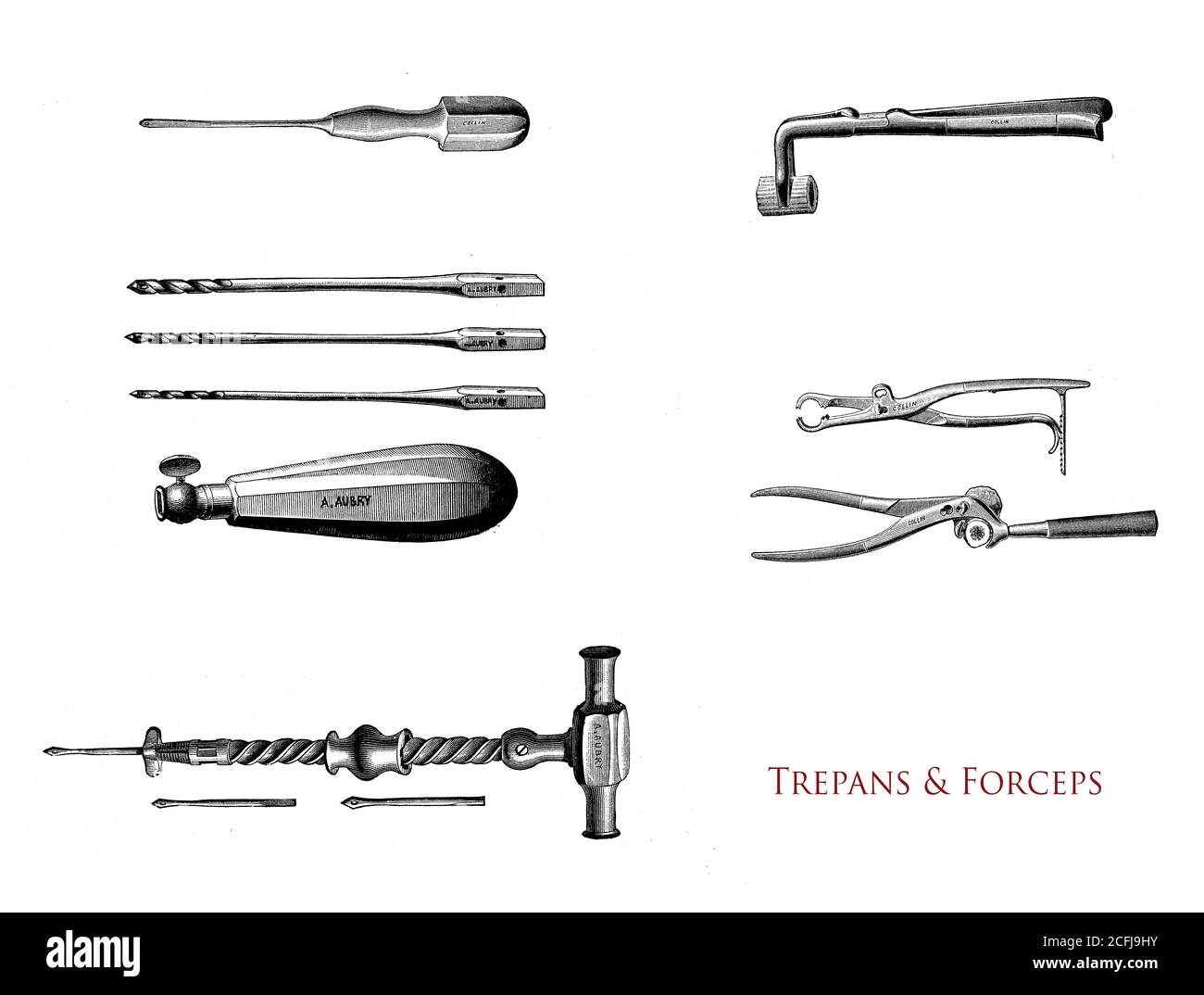 Healthcare and medicine - surgical tools: trepans and forceps Stock Photo