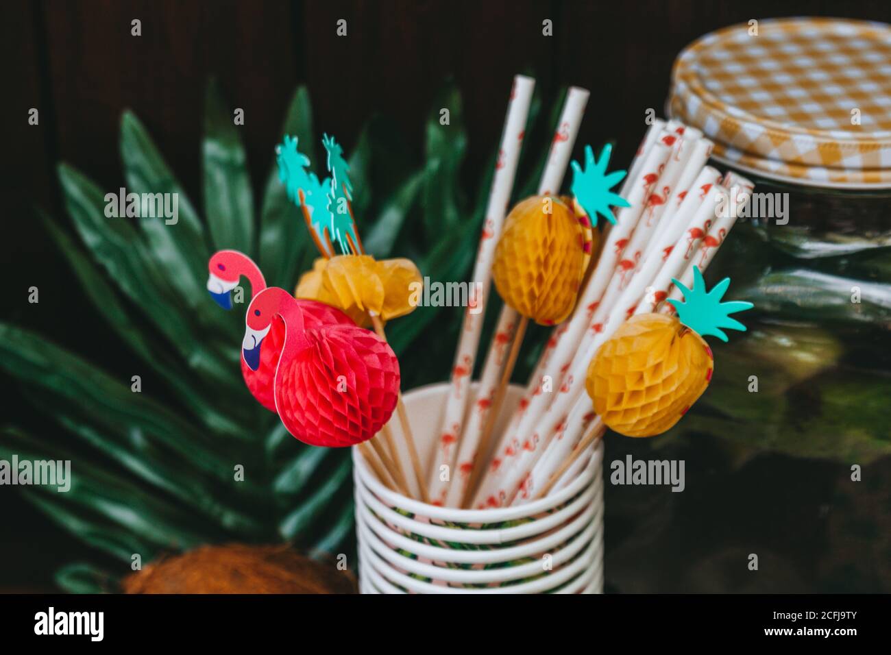 Tropical party decorations. Colorful paper pom poms, tropical themed party. Garden party. Stock Photo