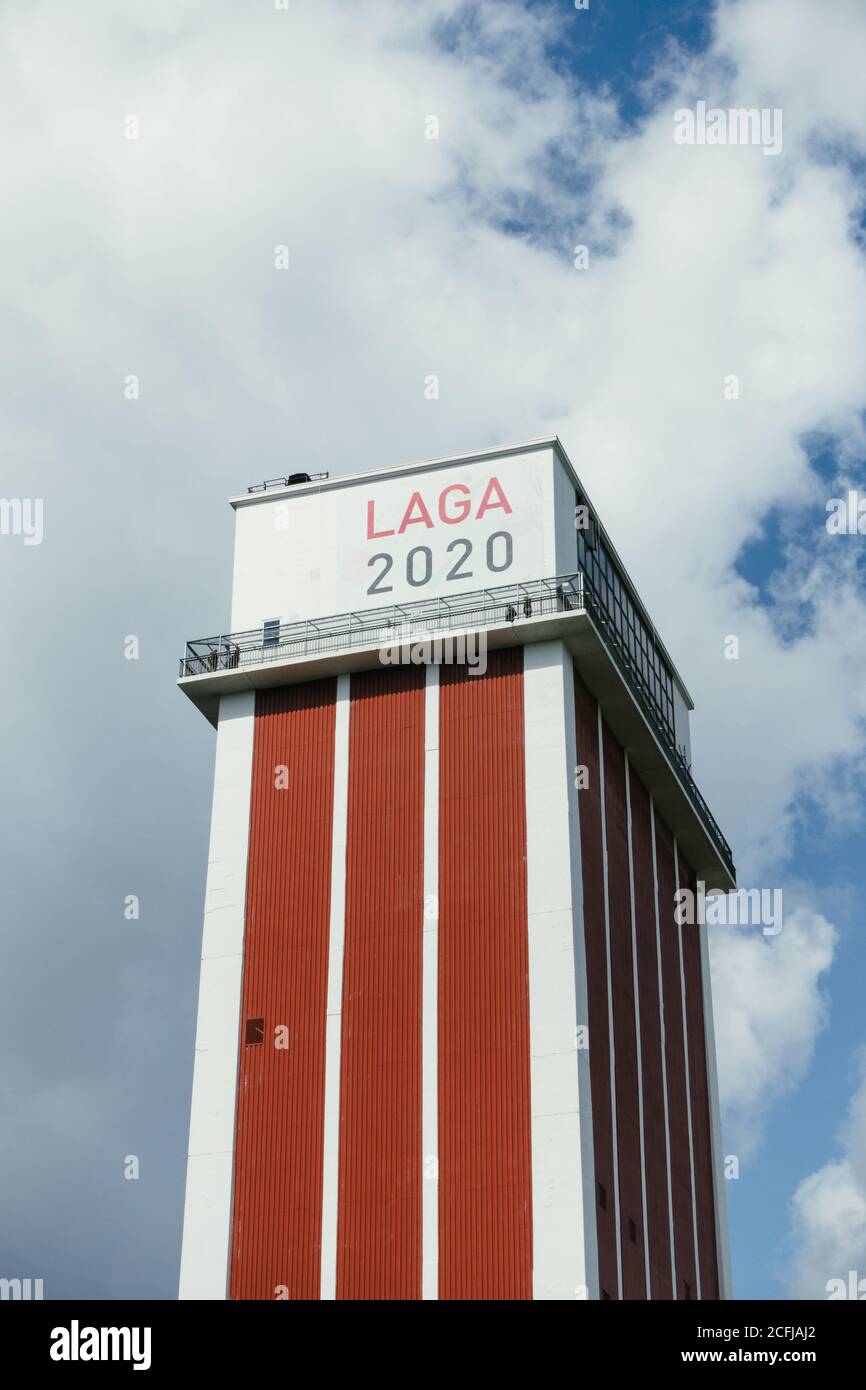 Kamp-Lintfort, Germany – 09/05/2020: The conveyor tower at the Landesgartenschau 2020 in Kamp-Lintfort Stock Photo