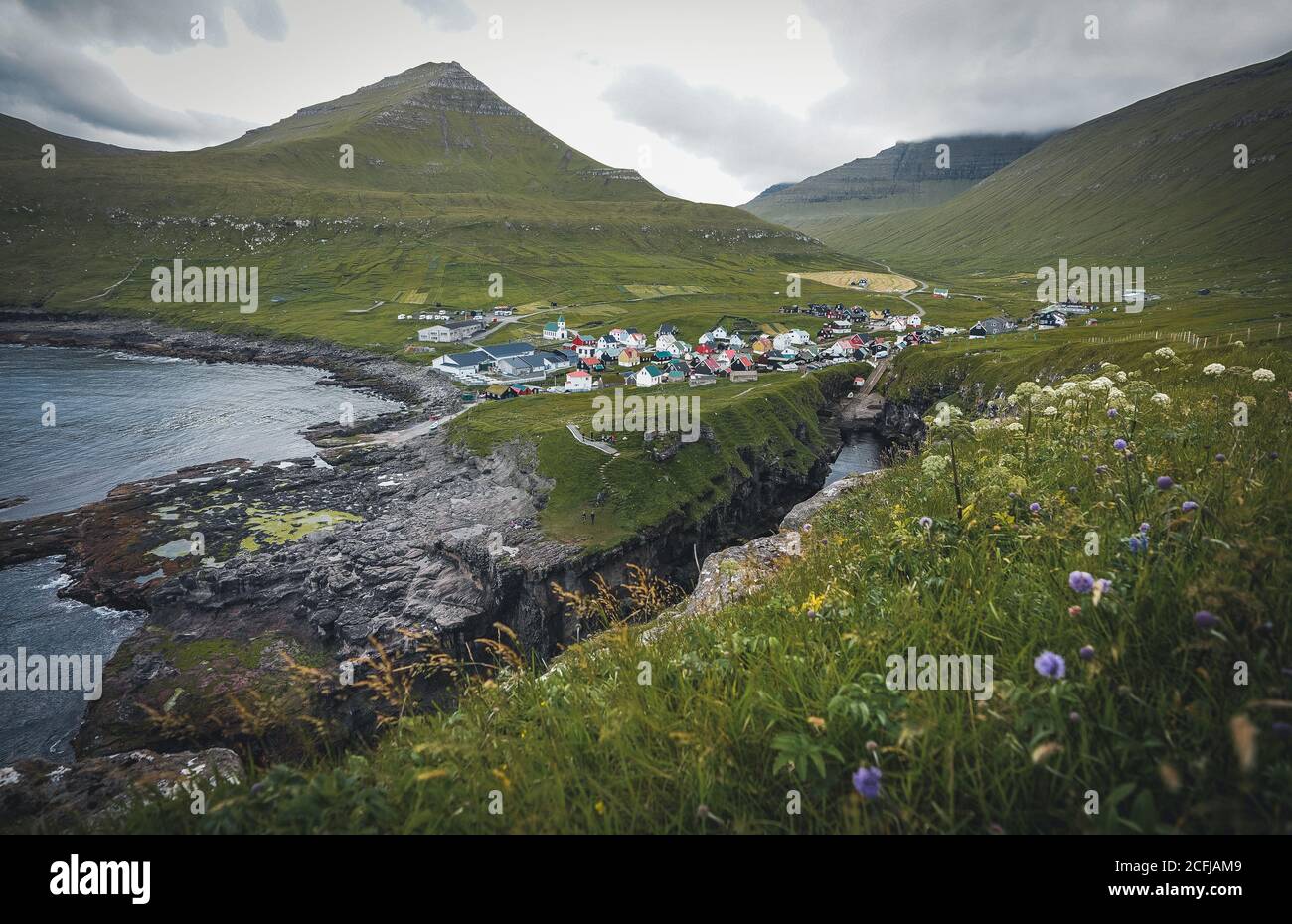 Faroe islands village of Gjogv or Gjov in Danish. Seafilled on