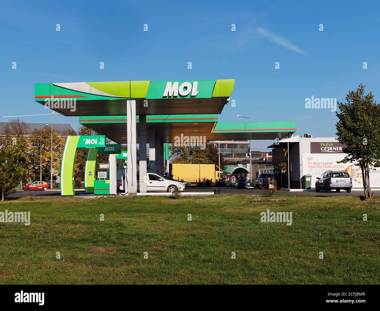 FOCSANI, ROMANIA - JANUARY 2, 2017. MOL gas station in Focsani. MOL is a Hungarian multinational oil and gas company headquartered in Budapest Stock Photo