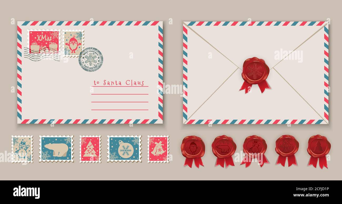 Christmas envelope with Santa in stamp and postage stamps, Snowman in stamp. Vector illustration Stock Vector