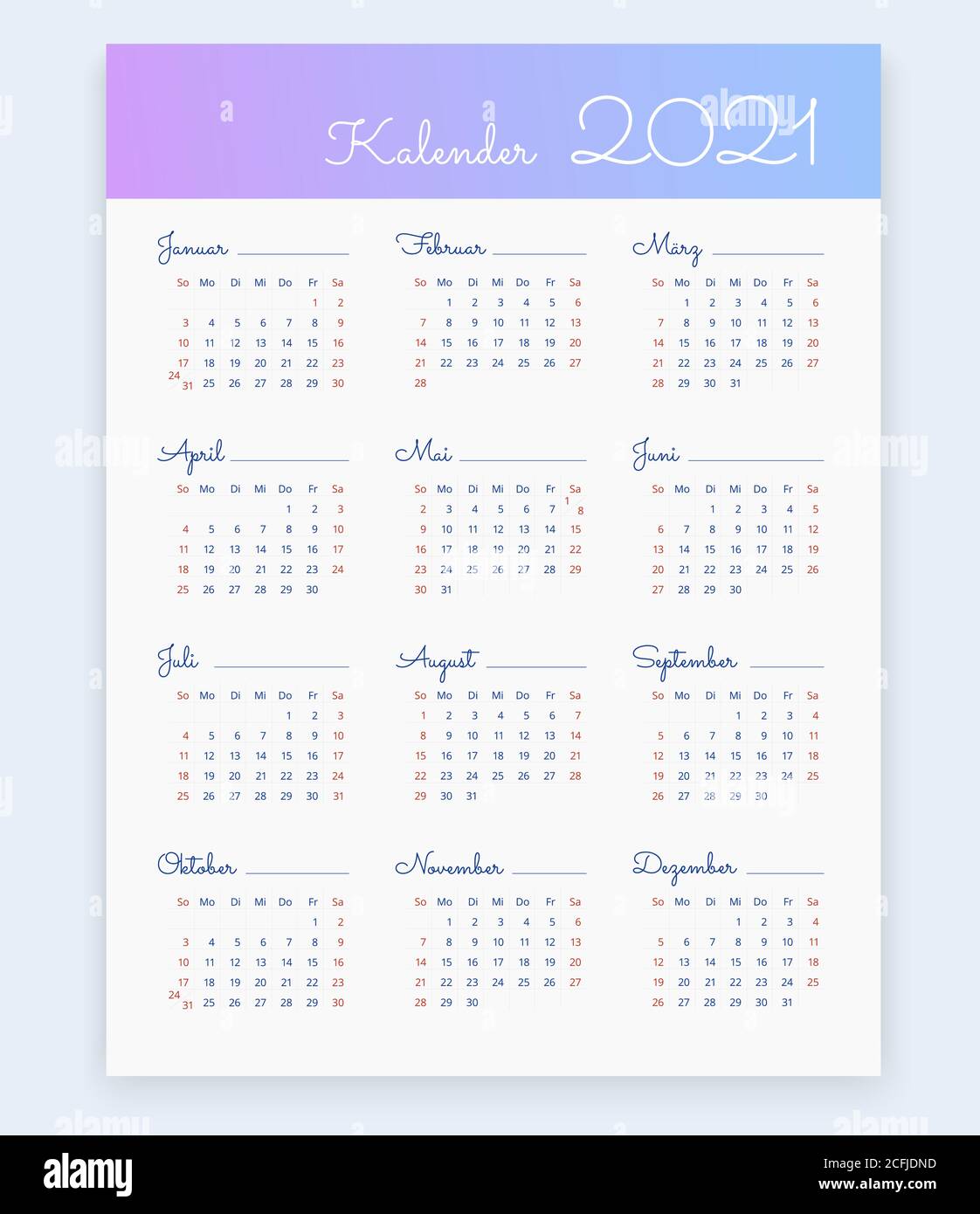 2021 calendar in german. Week starts on Sunday. Vector editable template. Vertical web, poster, banner, card Stock Vector