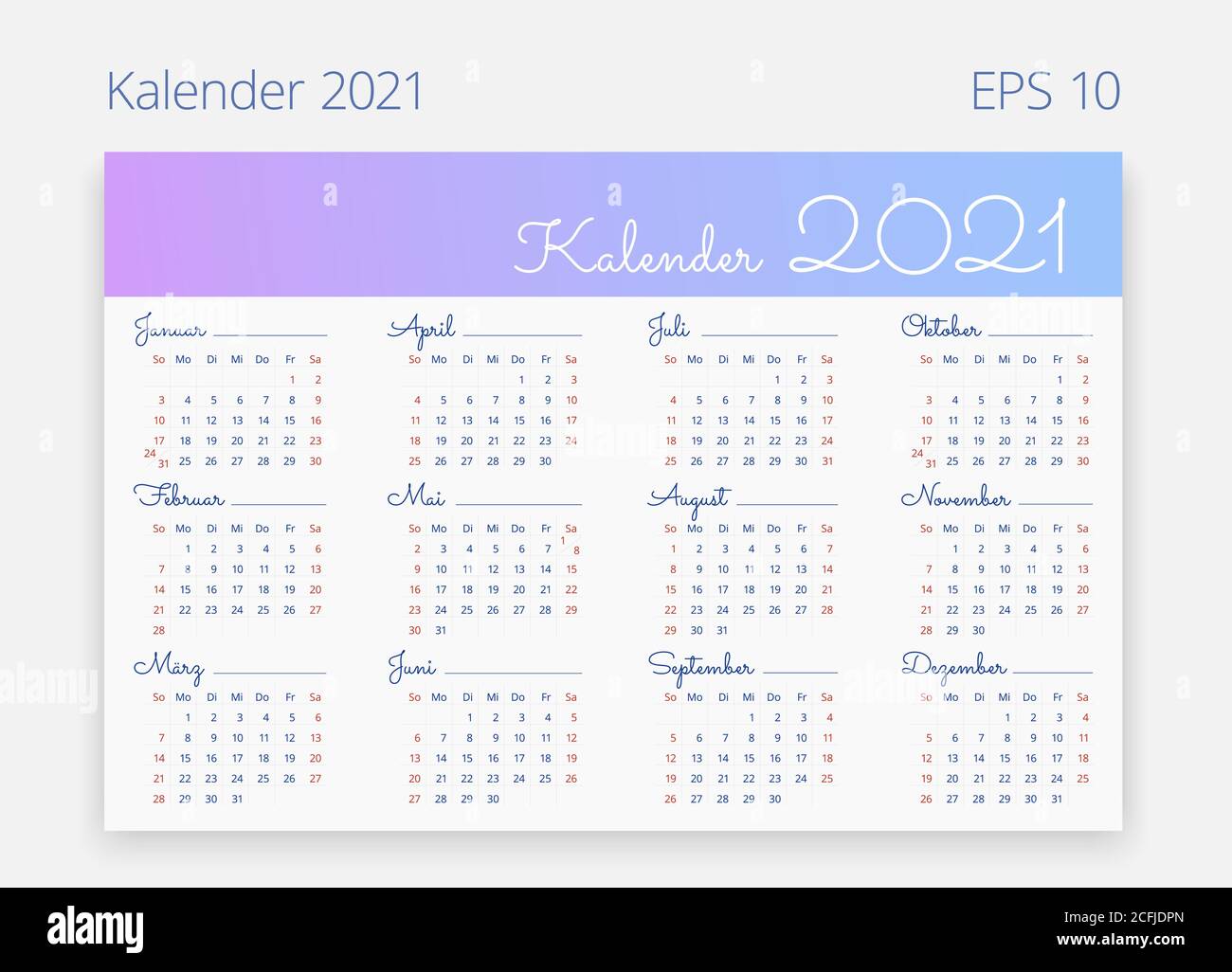 2021 calendar in german. Week starts on Sunday. Vector editable template. Horizontal web, poster, banner Stock Vector