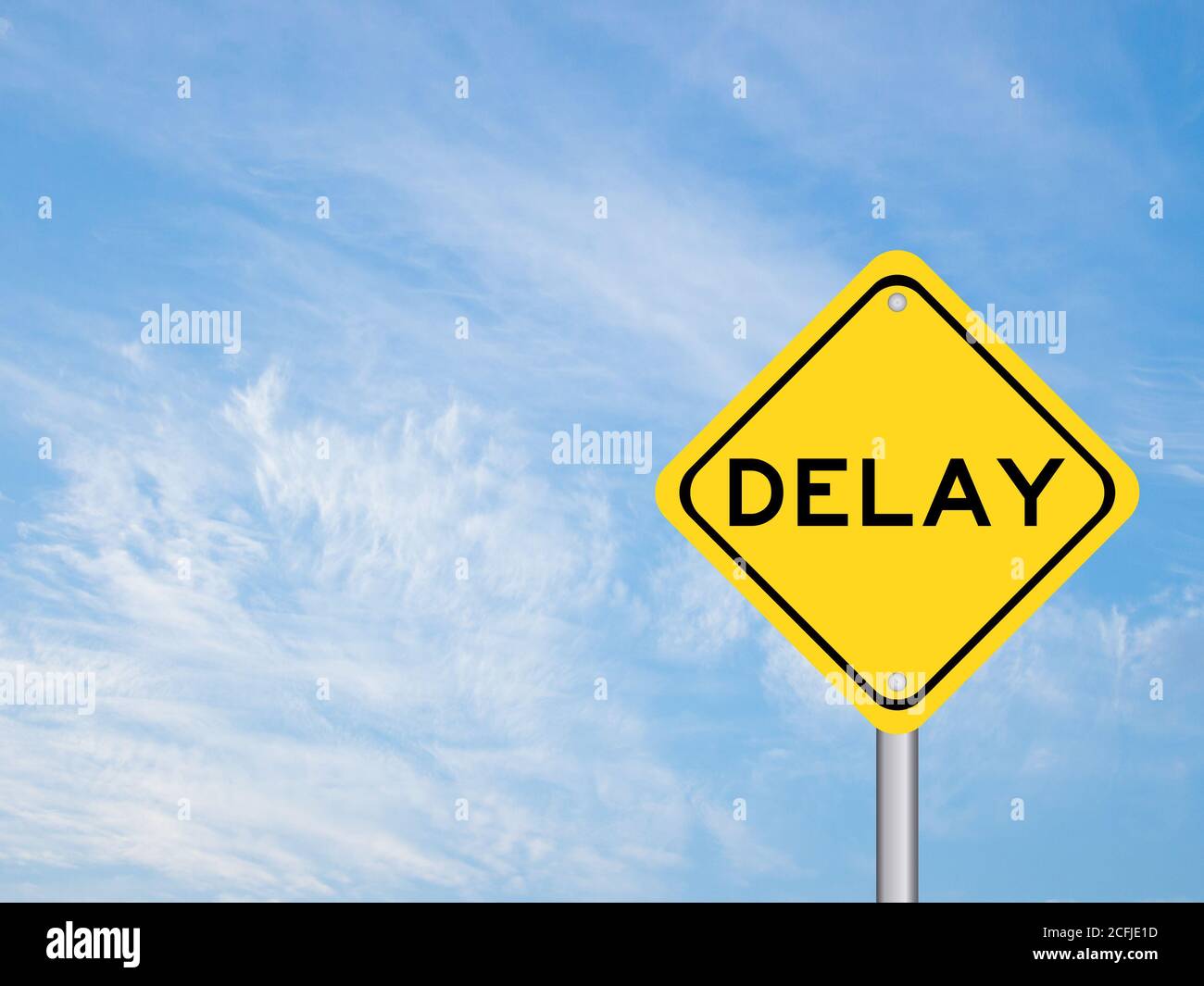 Yellow color transportation sign with word delay on blue cloud sky ...