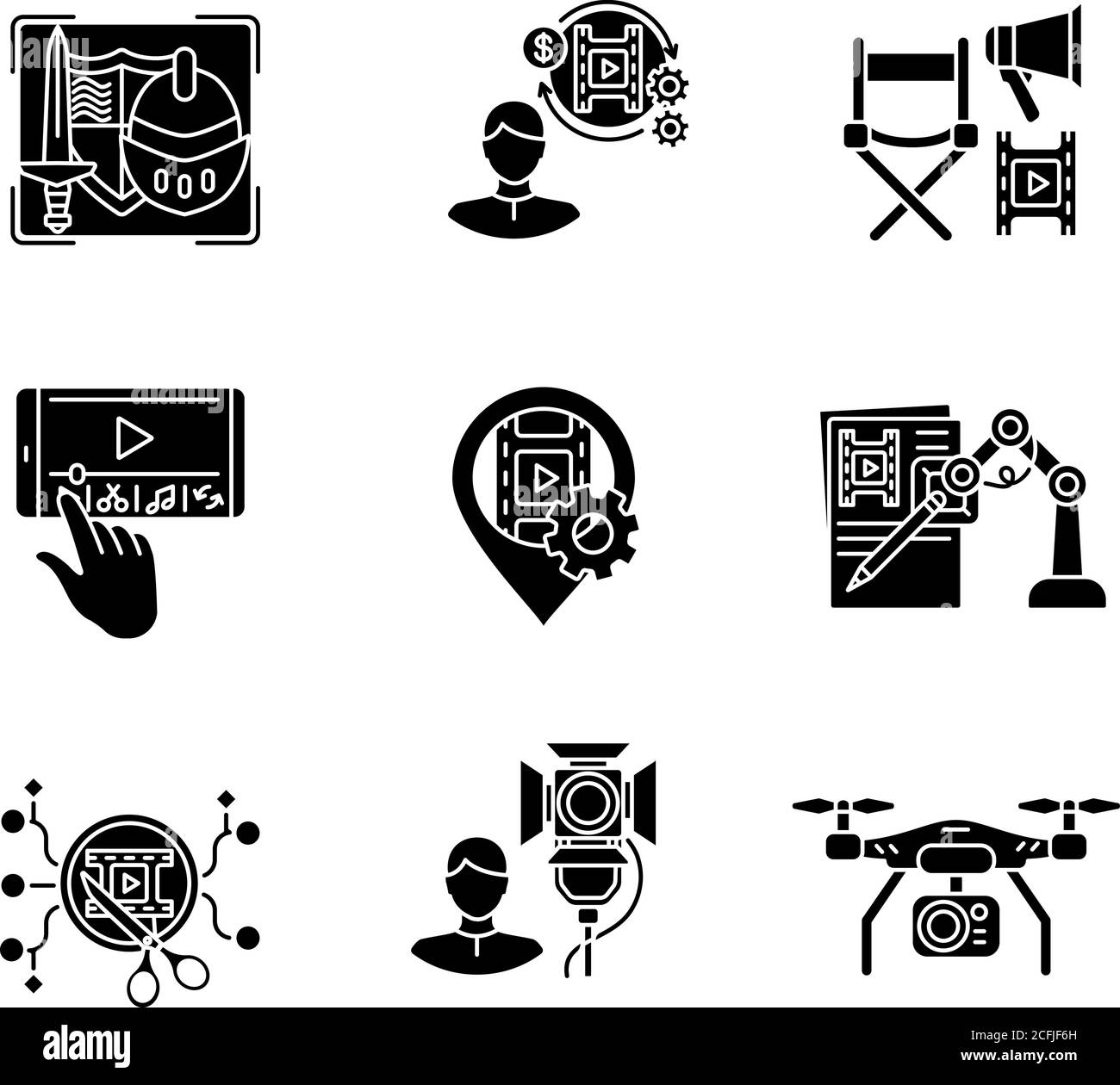 Film making process black glyph icons set on white space Stock Vector