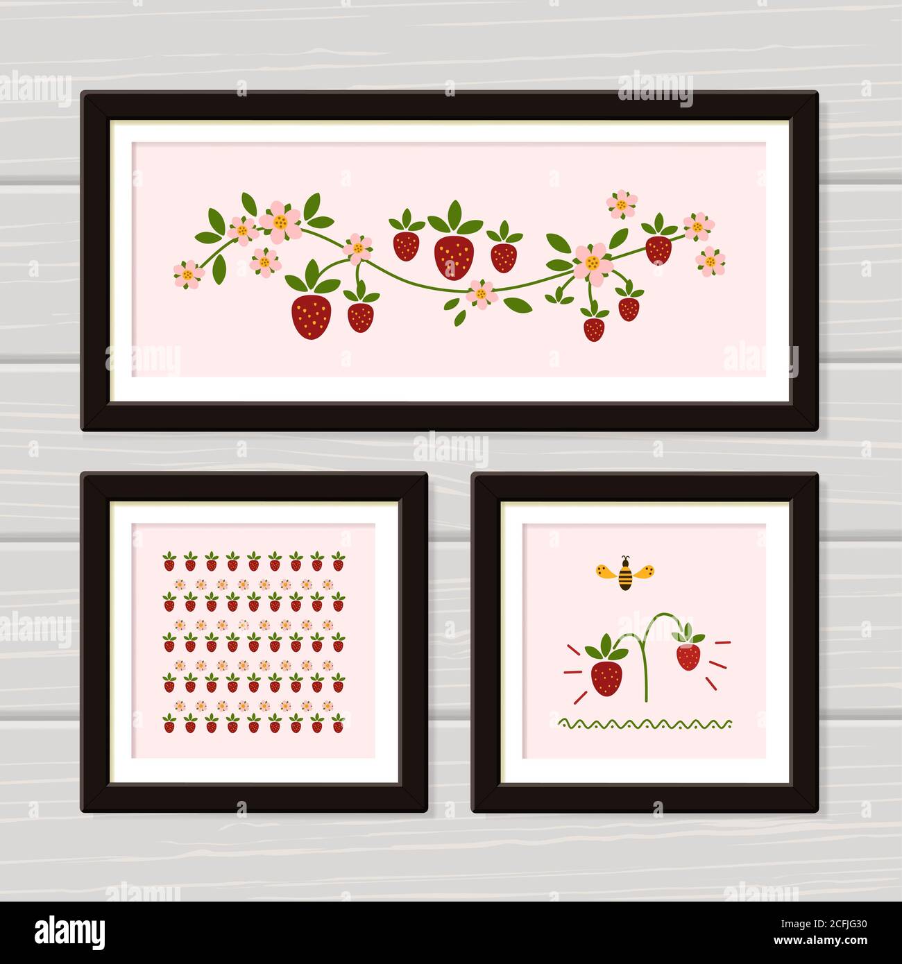 Set of 3 Prints. Home decor. Strawberry and bee wall art. Digital Printable Poster. Vector illustration Stock Photo
