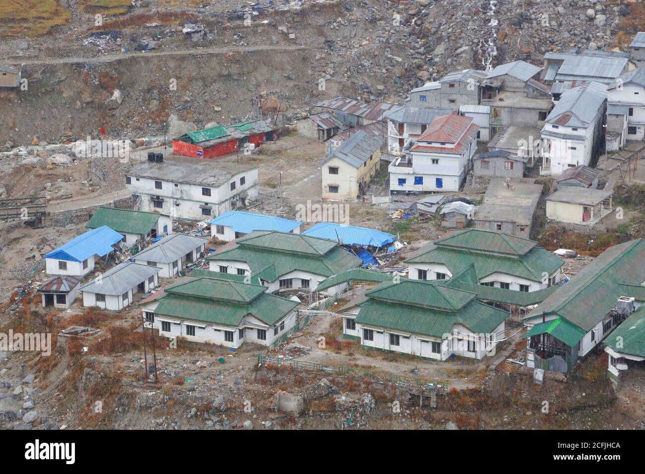 Kedarnath temple aerial view after Kedarnath Disaster 2013. Heavy loss to people & property happened. Worst Disaster.landslide, flood, cloudburst in i Stock Photo