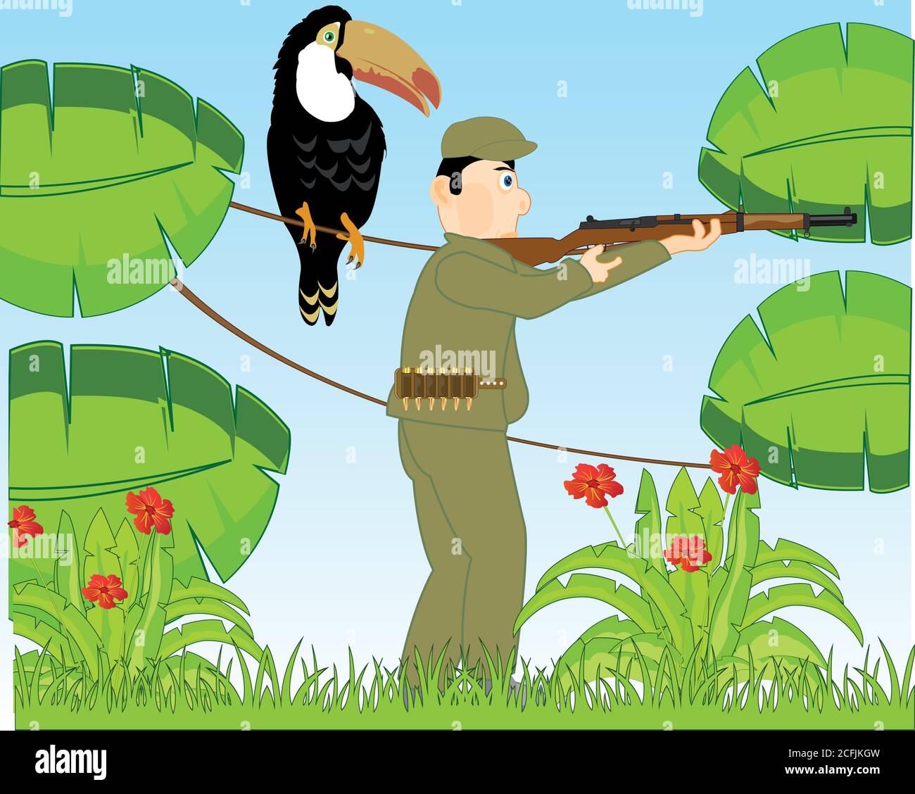 Green jungle and huntsman man with weapon Stock Vector