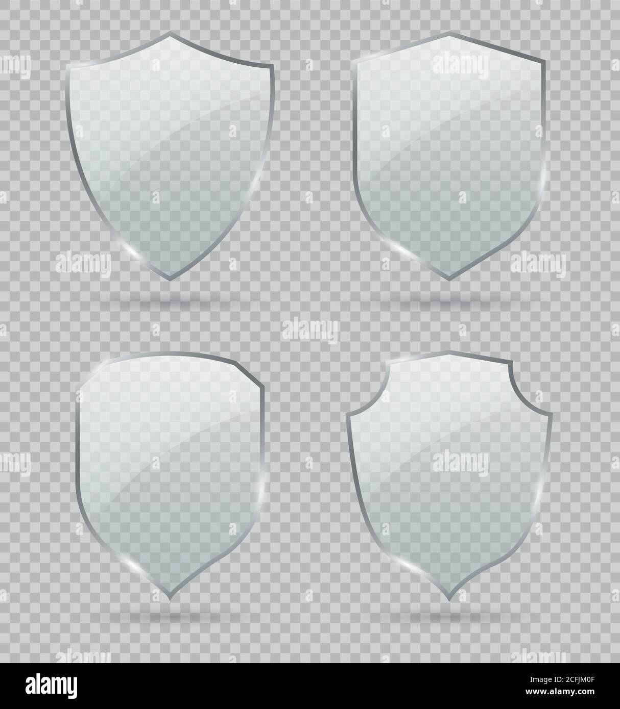Glass shield. Set of transparent glass shields. Conceptual symbol of protection, safety, security and guarding. Vector Stock Vector