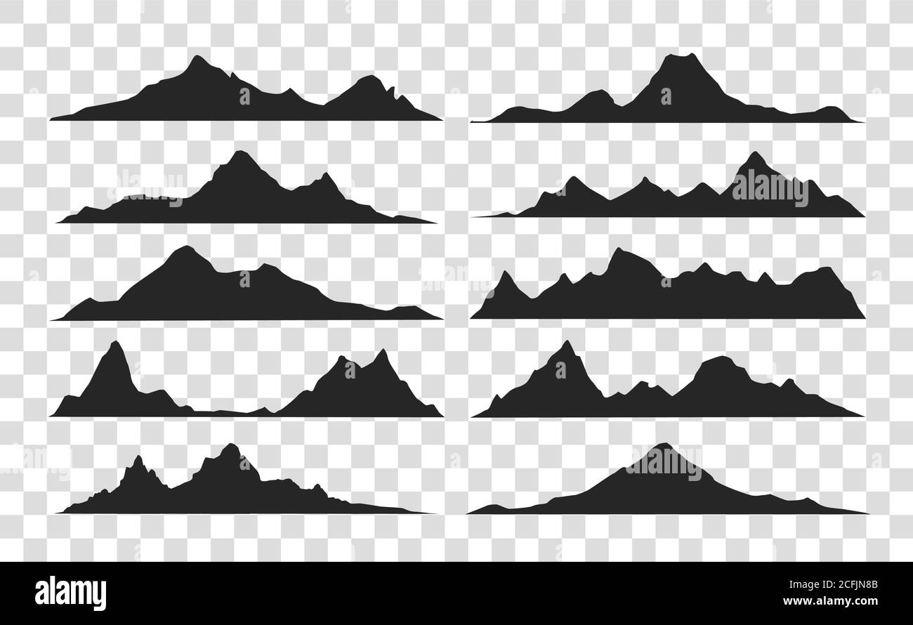 Mountains landscape silhouette set. Abstract high mountain border background collection Stock Vector