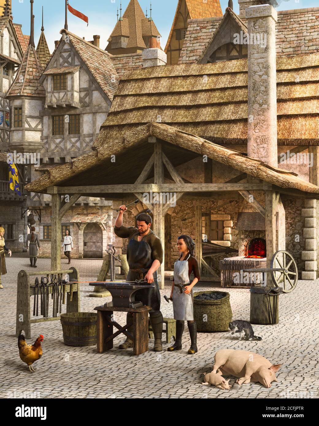 Blacksmith at work outside his shop in a medieval European town, 3d