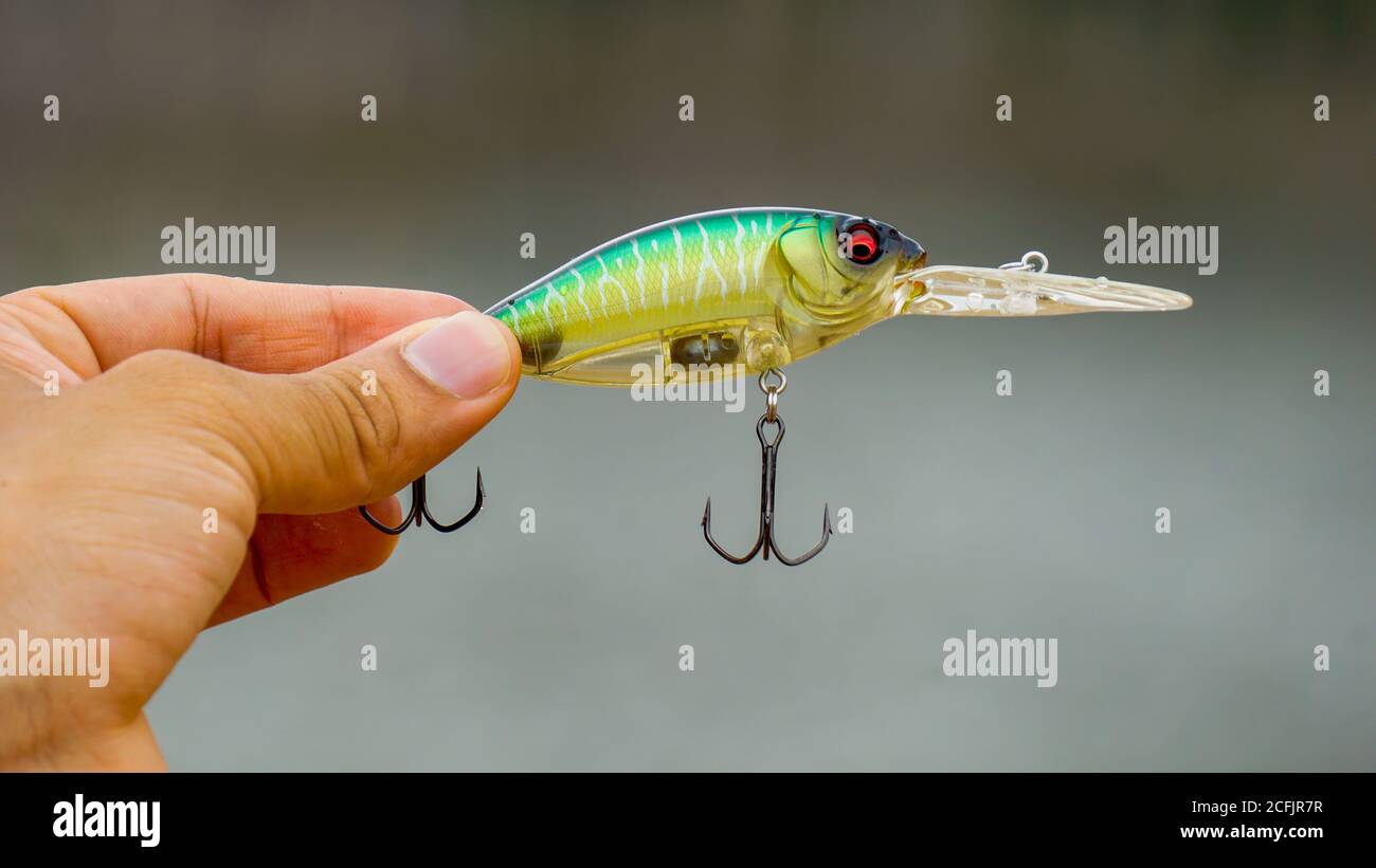 fishing lure held in hand,a fishing lure is a type of artificial fishing  bait used to attract fish. Lures come in many different shapes, sizes, and  co Stock Photo - Alamy