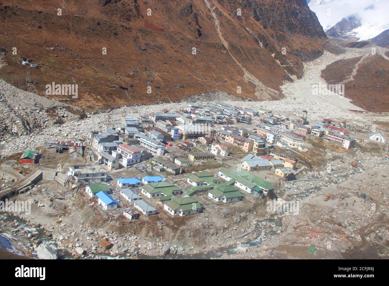 Kedarnath temple aerial view after Kedarnath Disaster 2013. Heavy loss to people & property happened. Worst Disaster.landslide, flood, cloudburst in i Stock Photo