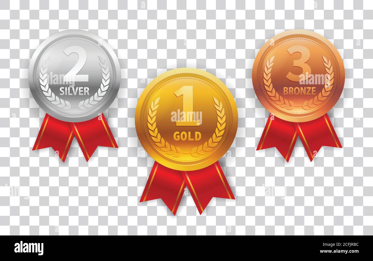 Champion Medal set. Gold, Silver and Bronze Medal with Red Ribbon Icon Sign First, Second and Third Place Isolated on Transparent Background. Vector Stock Vector