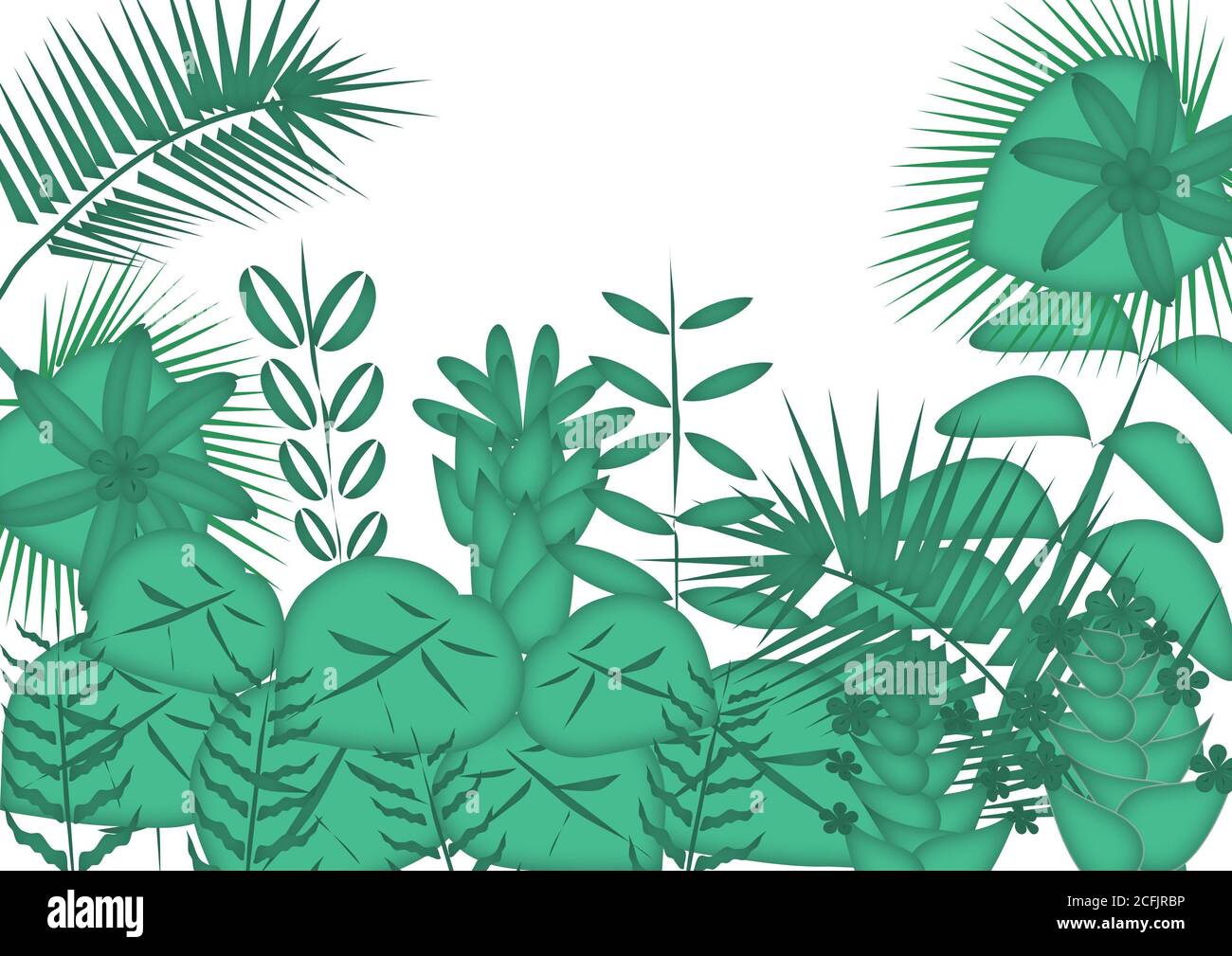 Exotic jungle background, green tropical leaves and flowers, isolated,  creative cartoon style, copy space Stock Photo - Alamy