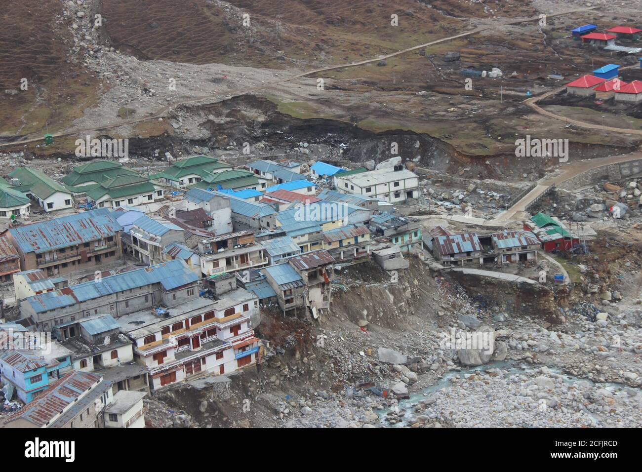 Kedarnath temple aerial view after Kedarnath Disaster 2013. Heavy loss to people & property happened. Worst Disaster.landslide, flood, cloudburst in i Stock Photo