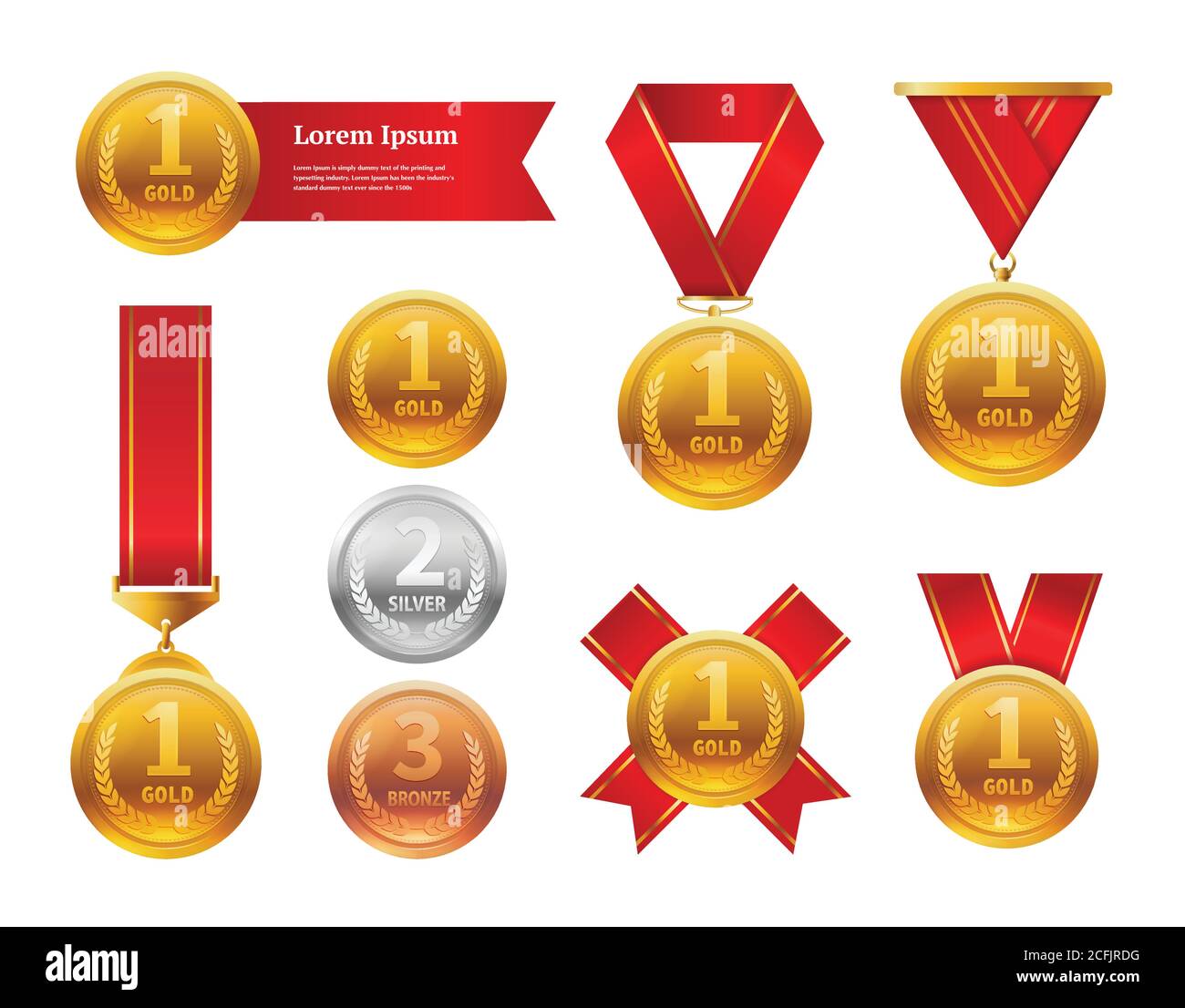 Champion Gold Medals Set Vector. Metal Realistic 1st Placement Winner Achievement. Number One. Round Medal With Red Ribbon. Stock Vector