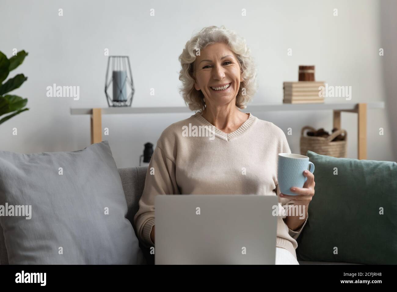 Portrait smiling mature woman enjoying leisure time, using laptop Stock Photo