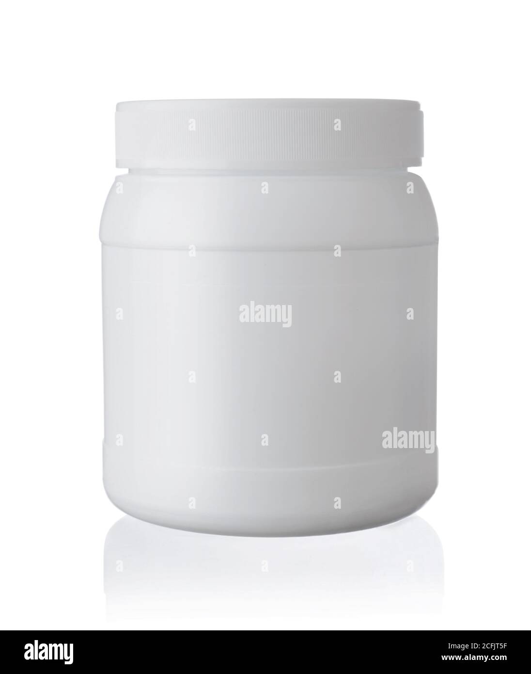 Closed white plastic jar isolated on white. Stock Photo