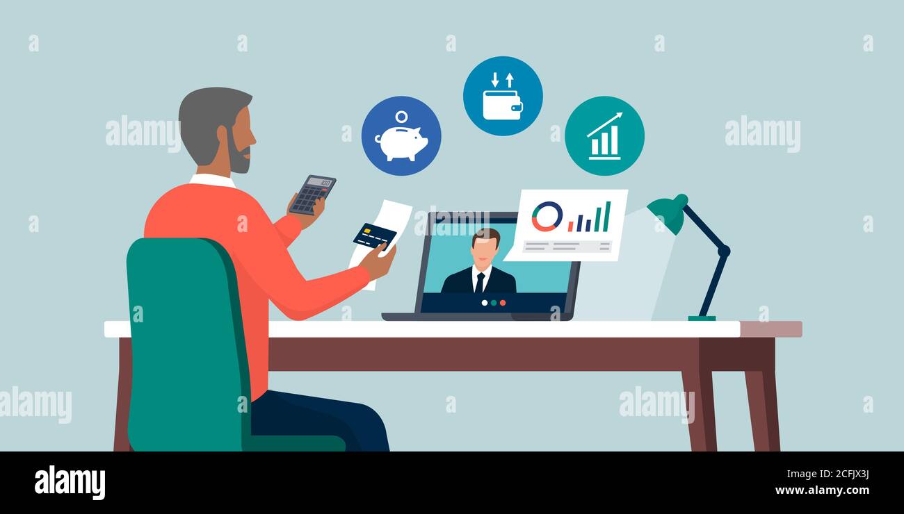 Senior man videocalling his financial consultant online and receiving financial advices Stock Vector