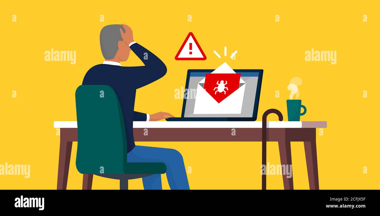 Shocked senior opening an infected e-mail containing a virus, internet safety for seniors concept Stock Vector