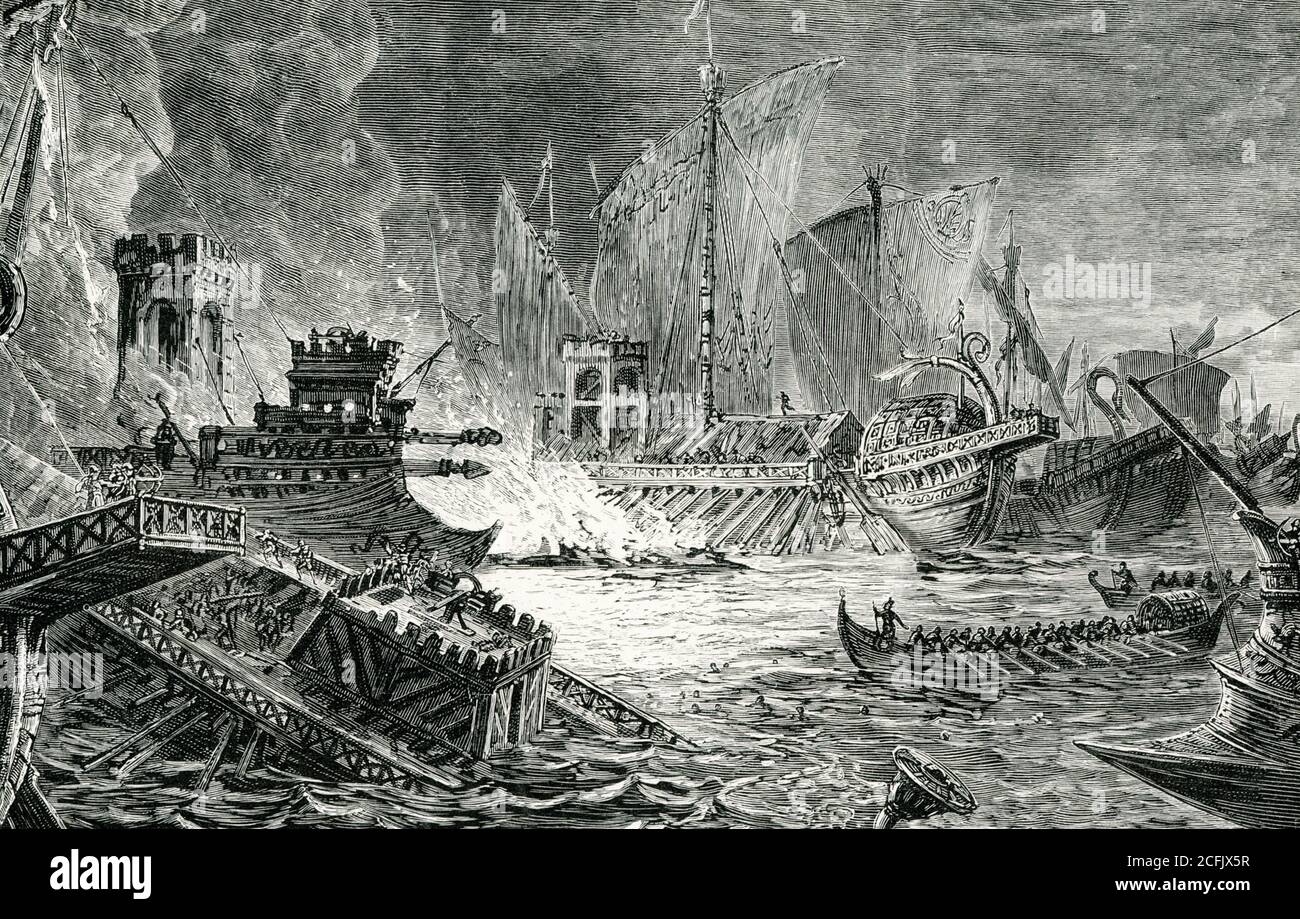 The Sea-Fight at Actium (31 B.C.). This was the greatest naval battle of ancient history. In it, Augustus, the first of the Roman emperors, defeated his rival, Marc Antony, for the empire of the world. The fight itself was terrific. The ships of Antony and Cleopatra were of the Eastern build, huge and slow-moving, covered with towers and great engines of war. The vessels of Augustus were much smaller, swifter, and more numerous. They darted in and out among their adversaries, and swept away the great, cumbrous rows of oars The huge hulks remained helpless but unconquerable; until Antony fled a Stock Photo