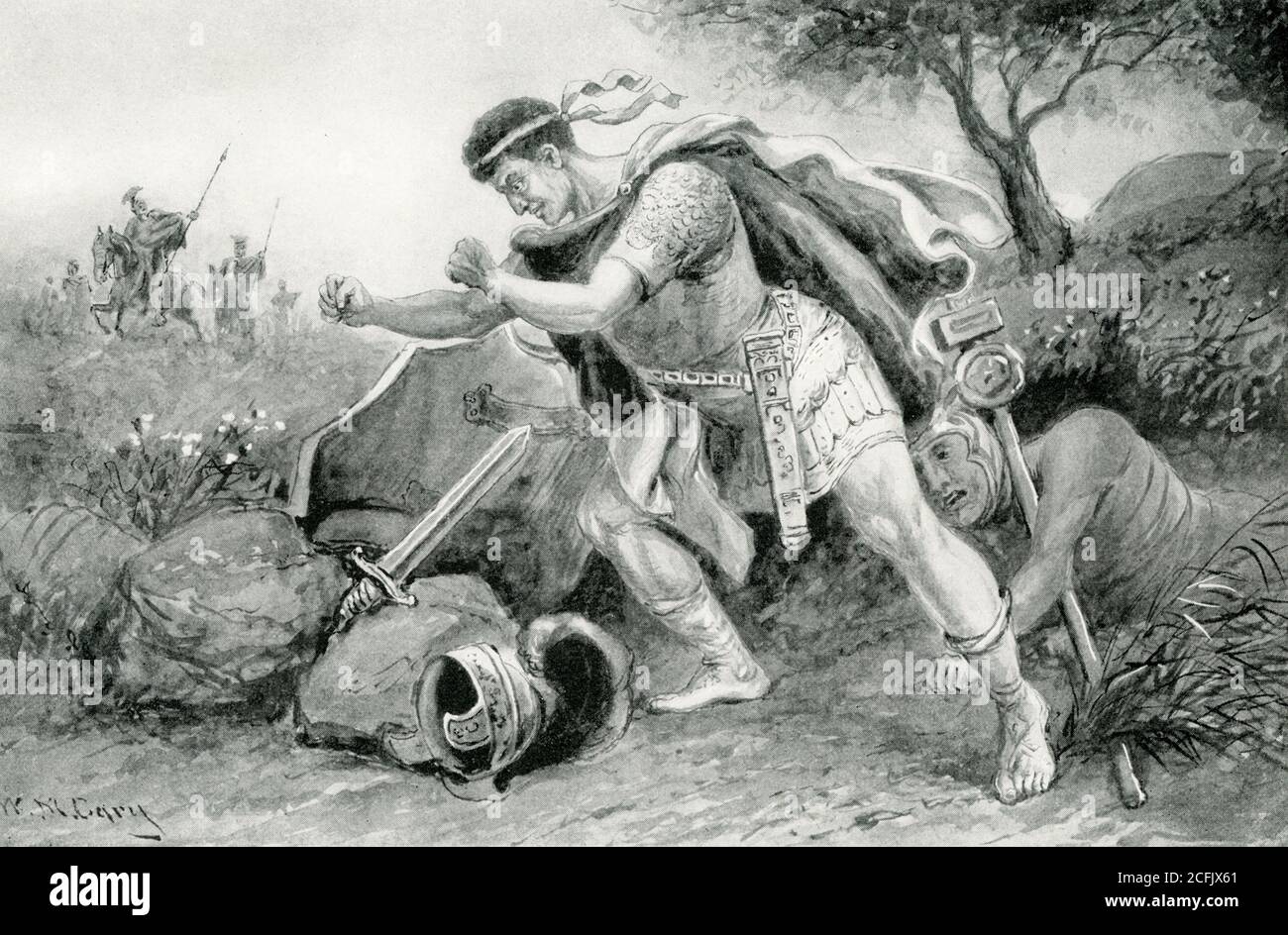 The caption for this early 1900s illustration reads: Suicide of Brutus (42 B.C.). Caesar’s death did not, as Brutus had expected, restore the republic. instead, it rent the world with civil war. Brutus himself was finally defeated at Philippi by the friends of Caesar under Marc Antony. Finding himself deserted and about to be taken prisoner, Brutus threw himself upon his own sword. Antony, looking at the dead body, said, “This was the noblest Roman of them all!” Stock Photo