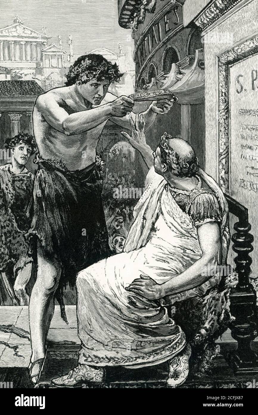 The caption for this early 1900s illustration reads: Antony Offering to Crown Caesar. On the religious feast of Lupercal, one month before his death, Caesar was seated before all the people upon his ivory throne, in his robe as chief officer of the republic. Antony, just come from engaging in a religious contest and hence half stripped, stepped before Caesar and offered to place a crown upon his head. Caesar wanted it perhaps, but he put it away in a half-hearted fashion. The people, seeing he refused it, cheered. So he persisted in his refusal, saying, “I am no king, but Caesar.” The year for Stock Photo