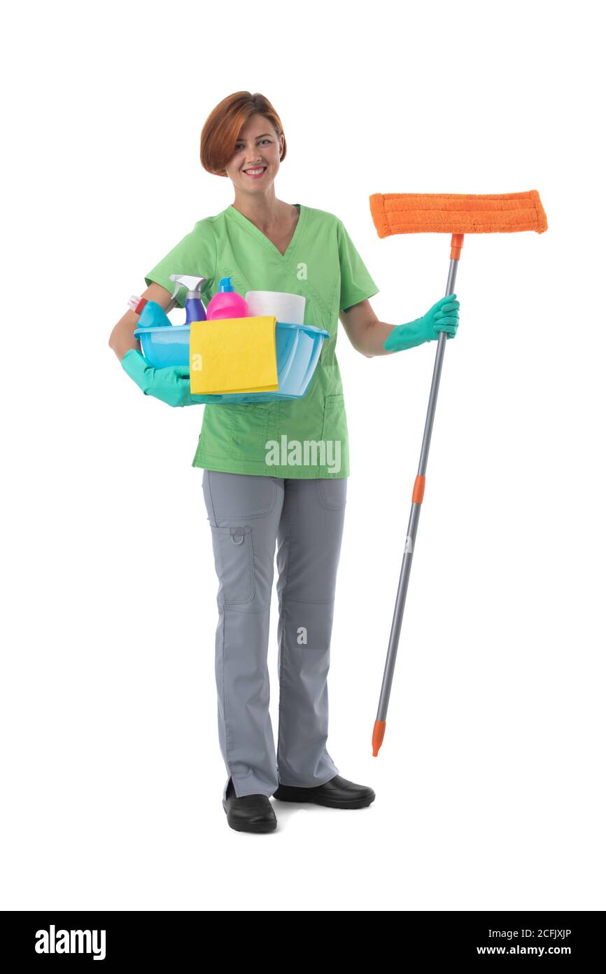 Cleaner woman with mop and detergent spray container isolated on white background, full length portrait Stock Photo