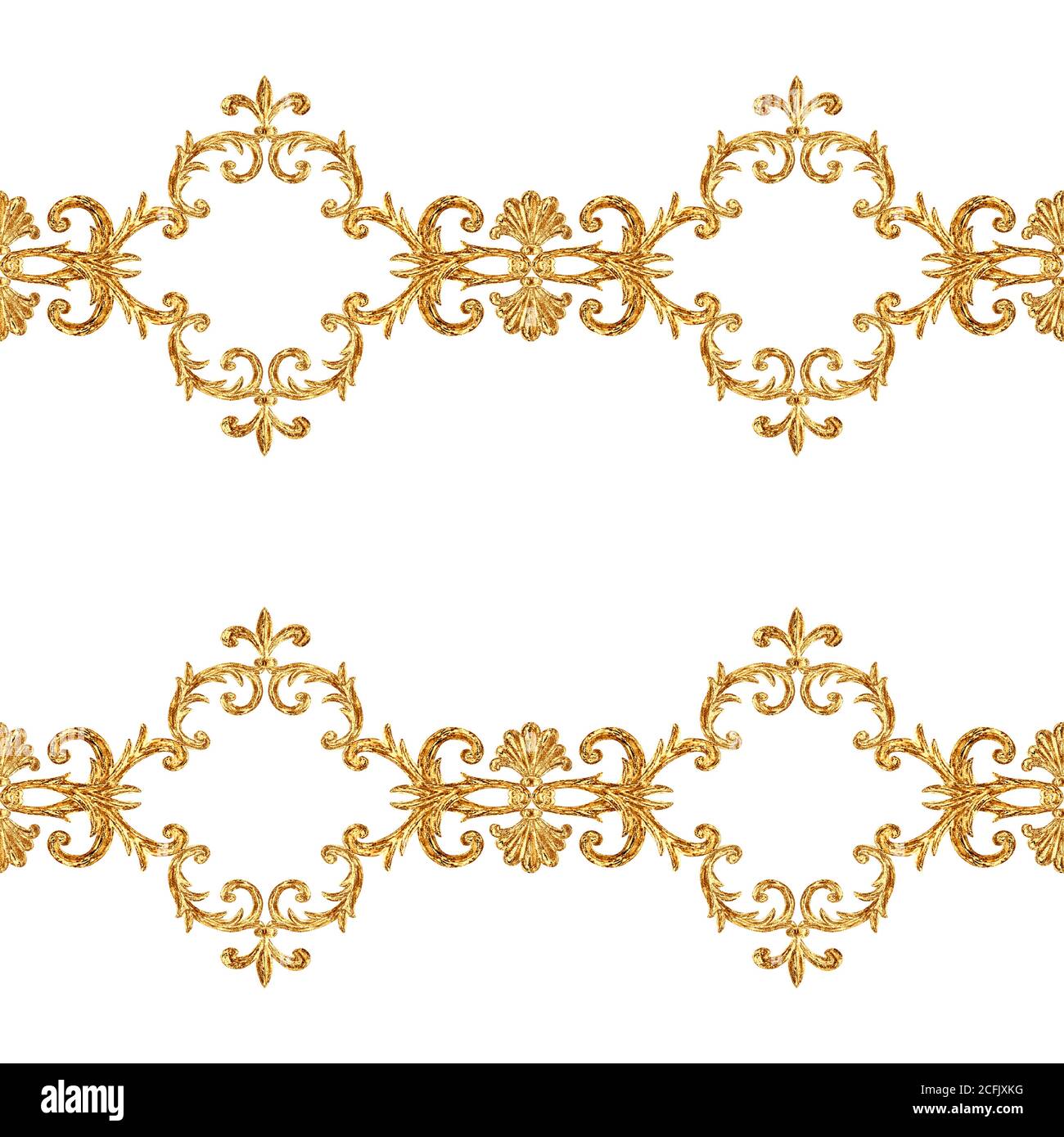 Baroque golden elements ornamental seamless pattern. Watercolor hand drawn gold texture on white background. Watercolour vintage design print for fabr Stock Photo