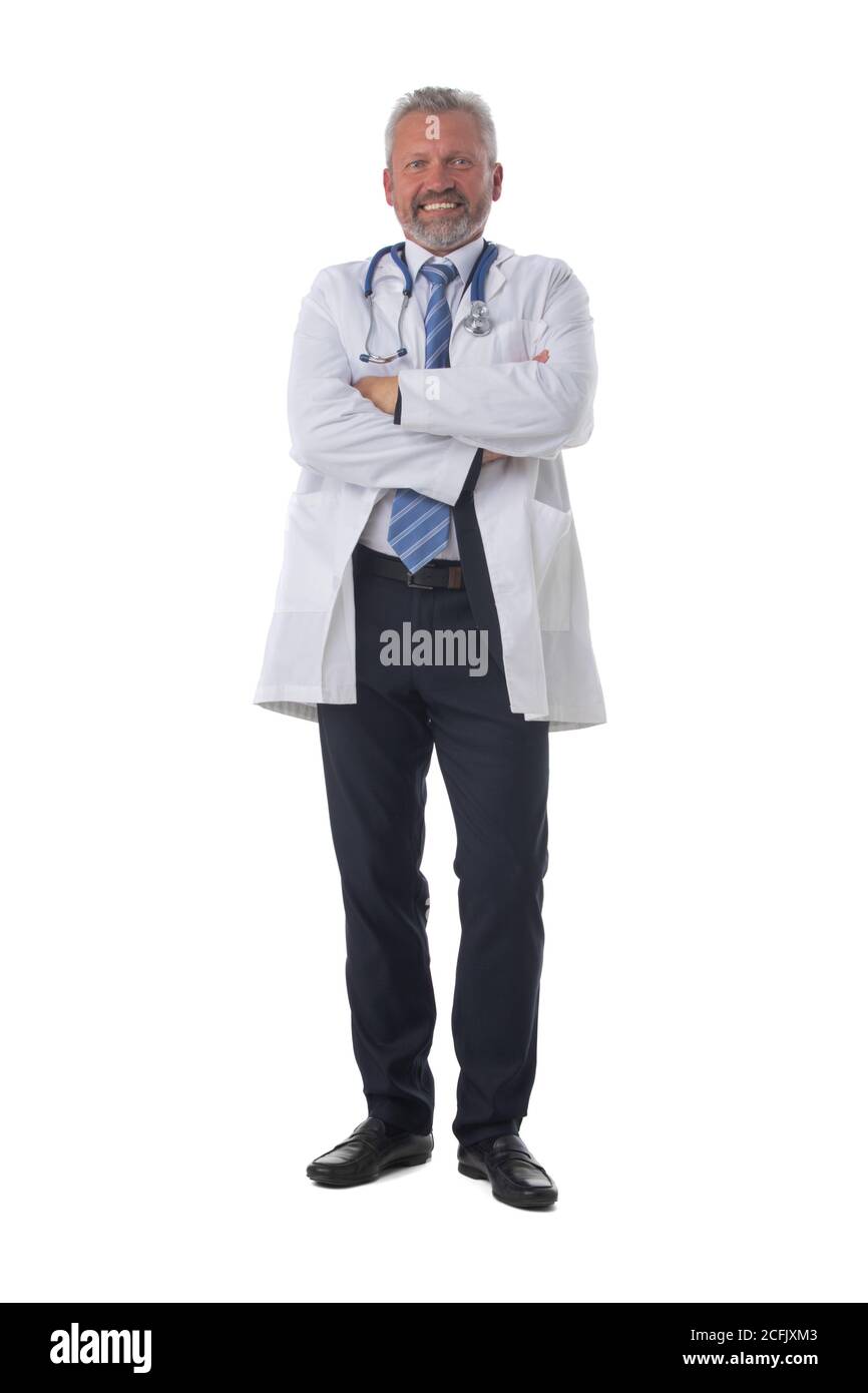 Caucasian mature male medical doctor with stethoscope isolated on white background, full length portrait Stock Photo