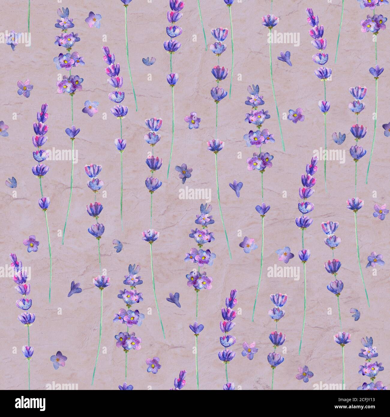 Lavender flowers watercolor seamless pattern on purple color old paper ...