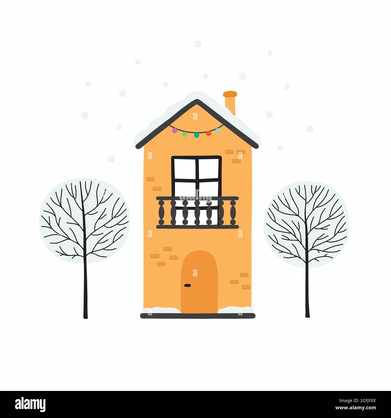 Winter urban landscape card with houses and trees. Stock Vector