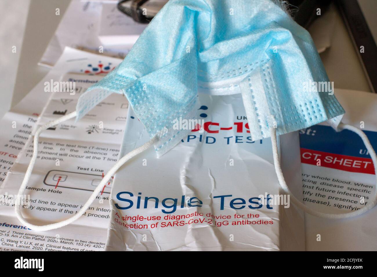 Bangor, Northern Ireland, UK, 6 September 2020: Packaging from a used Covid 19 Antibodies Test kit. The test kit is a single use diagnostic device for the detection os SARS-CoV-2 lgG antibodies Stock Photo