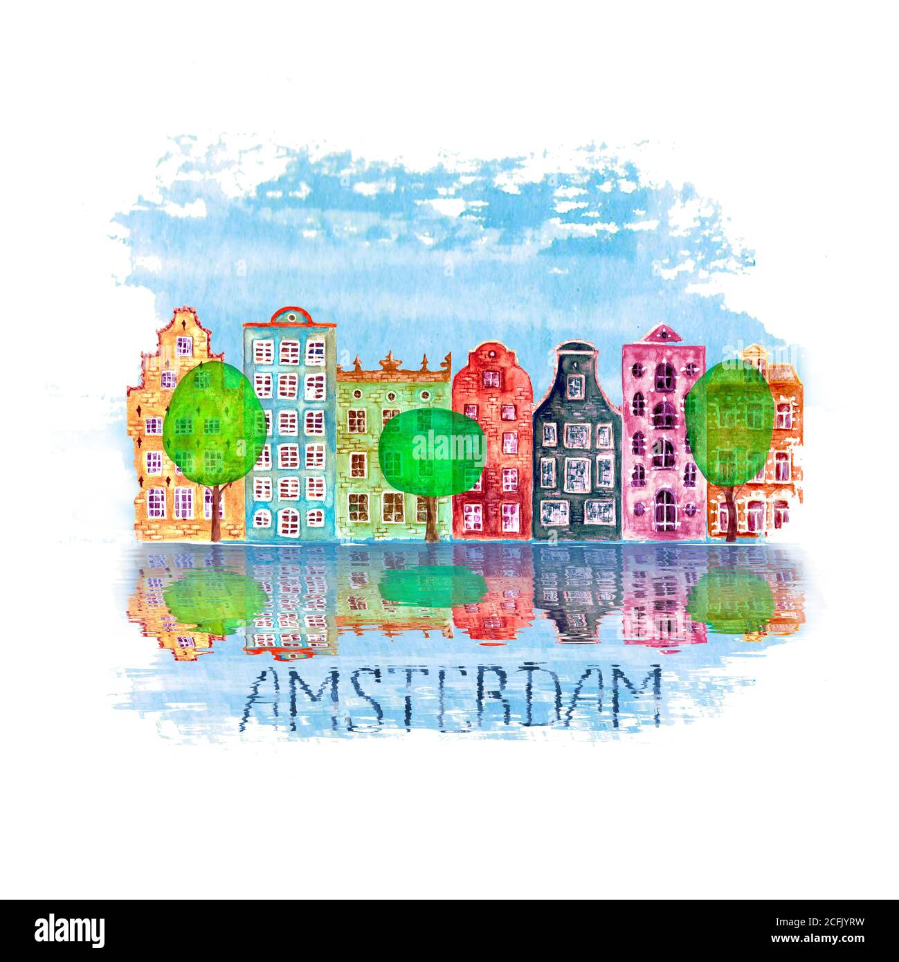 Amsterdam city illustration with watercolor hand painted old european houses, trees and reflections in water on blue teal stain isolated on white back Stock Photo