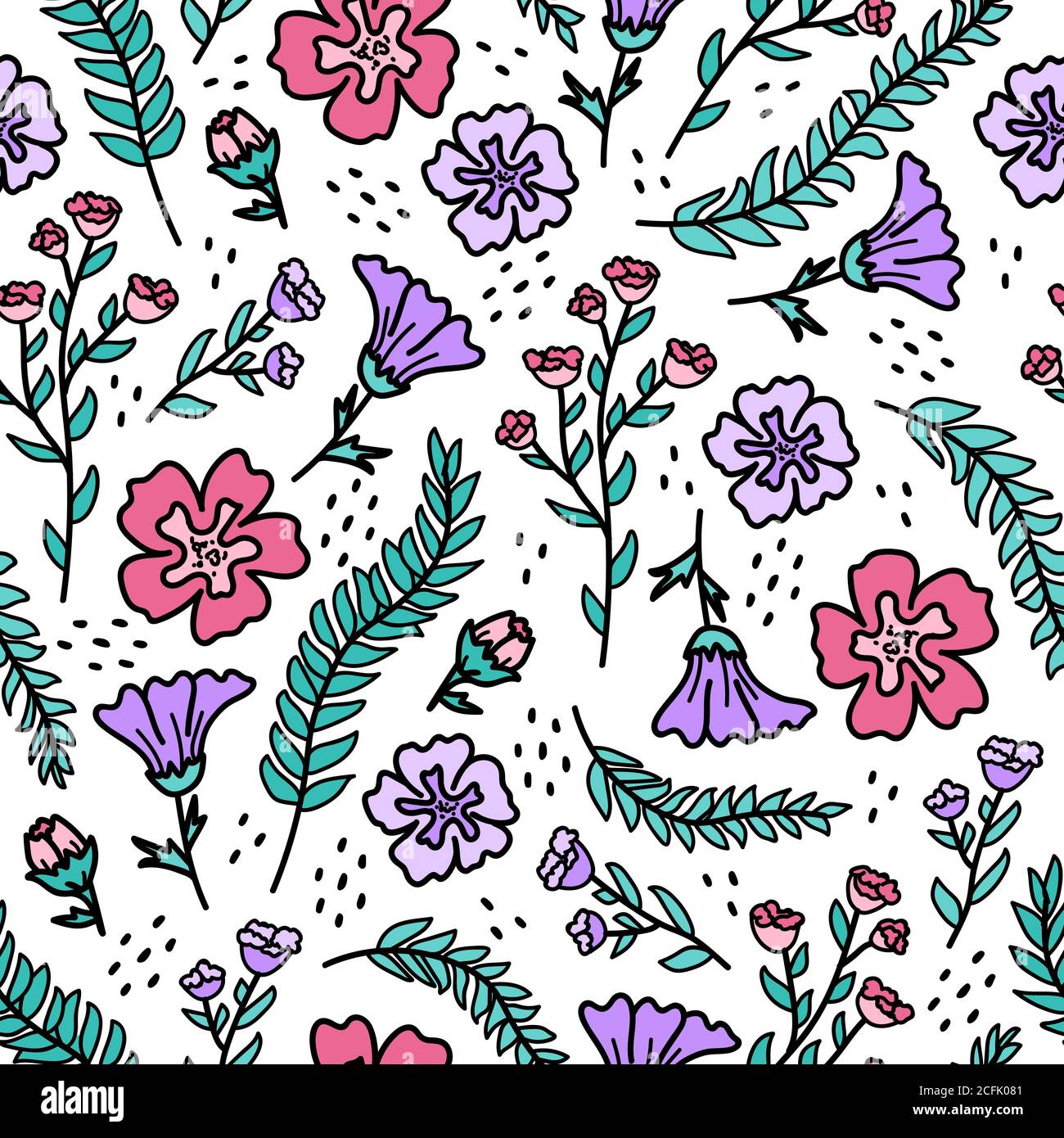 Background with romantic pink and violet flowers. Vector seamless pattern. Stock Vector