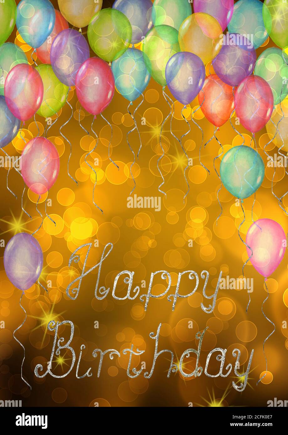 Happy Birthday background. Watercolor hand drawn festive template for poster  with rainbow colors watercolour air flying balloons and lettering on boke  Stock Photo - Alamy