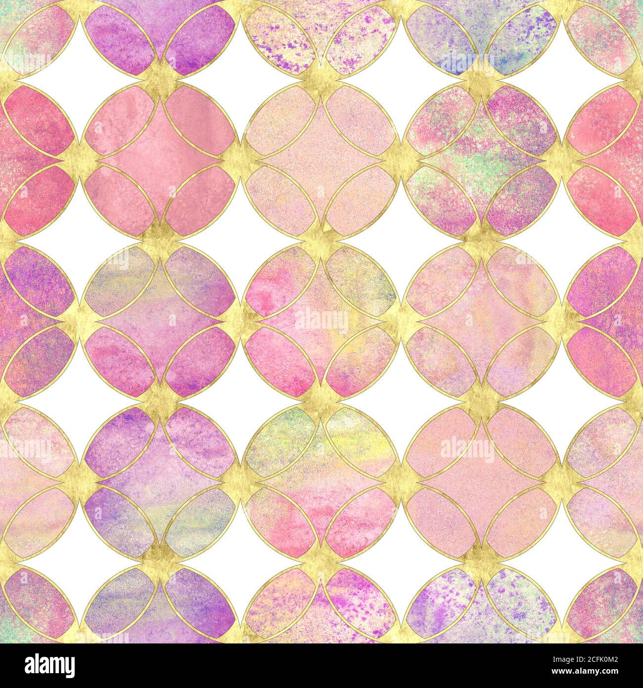 Seamless watercolour pastel colors gold glitter abstract texture. Watercolor hand drawn grunge background with overlapping circles and golden contour Stock Photo