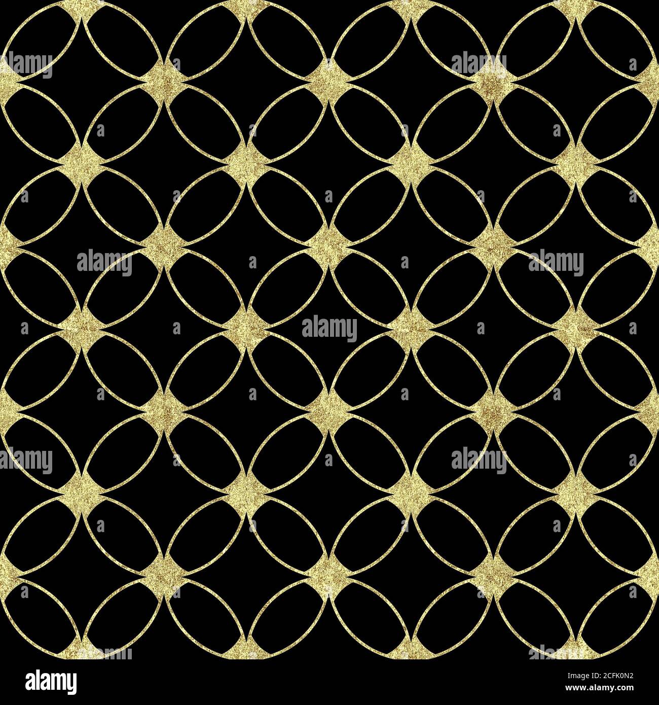 Seamless luxury black background with abstract vintage gold glitter pattern. Texture with overlapping circles and golden contour line. Print for wallp Stock Photo