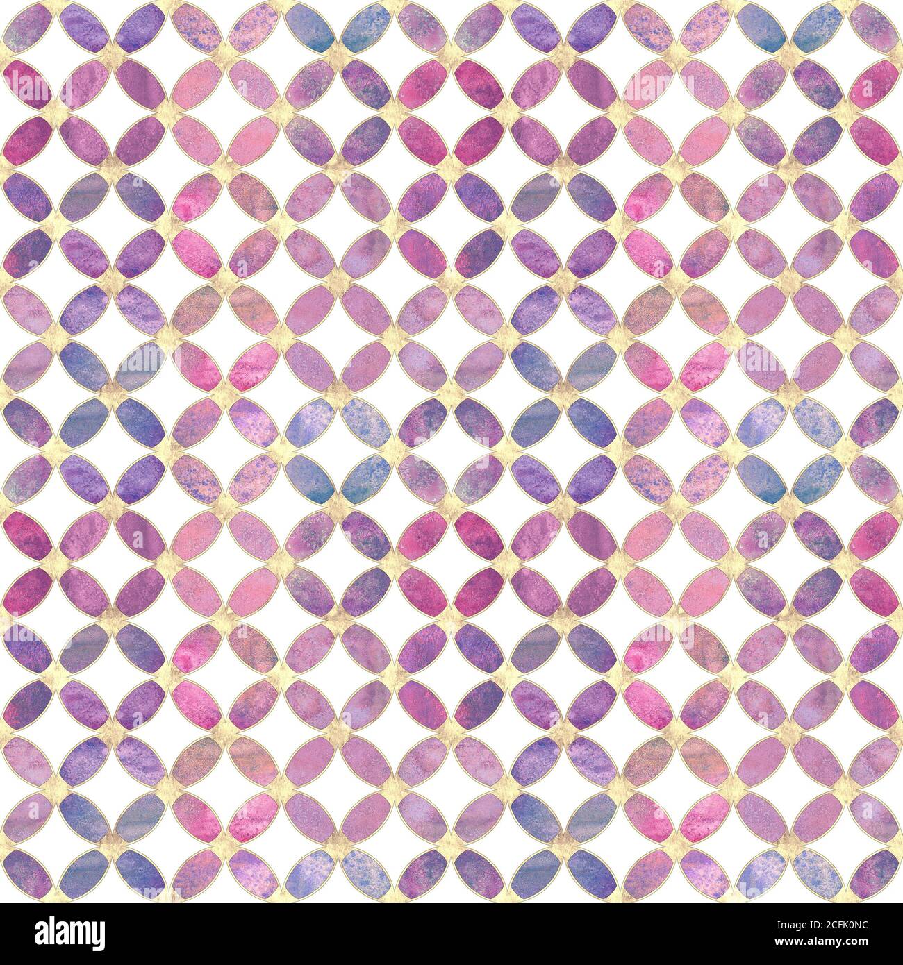 Seamless watercolour colorful pink purple gold glitter abstract texture. Watercolor hand drawn background with overlapping circles and golden contour Stock Photo