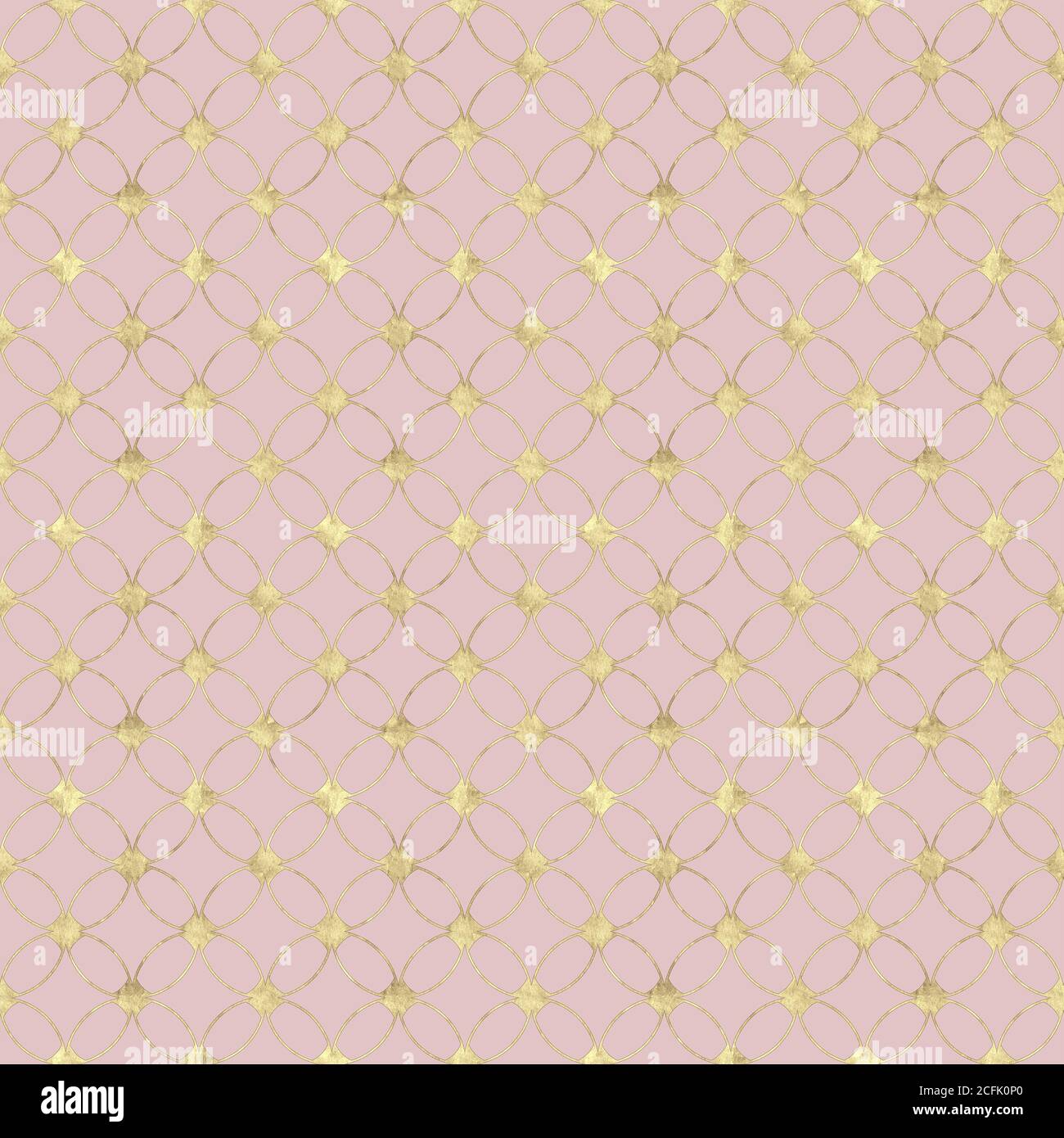 Seamless pastel pink background with abstract vintage gold glitter pattern. Texture with overlapping circles and golden contour line. Print for wallpa Stock Photo