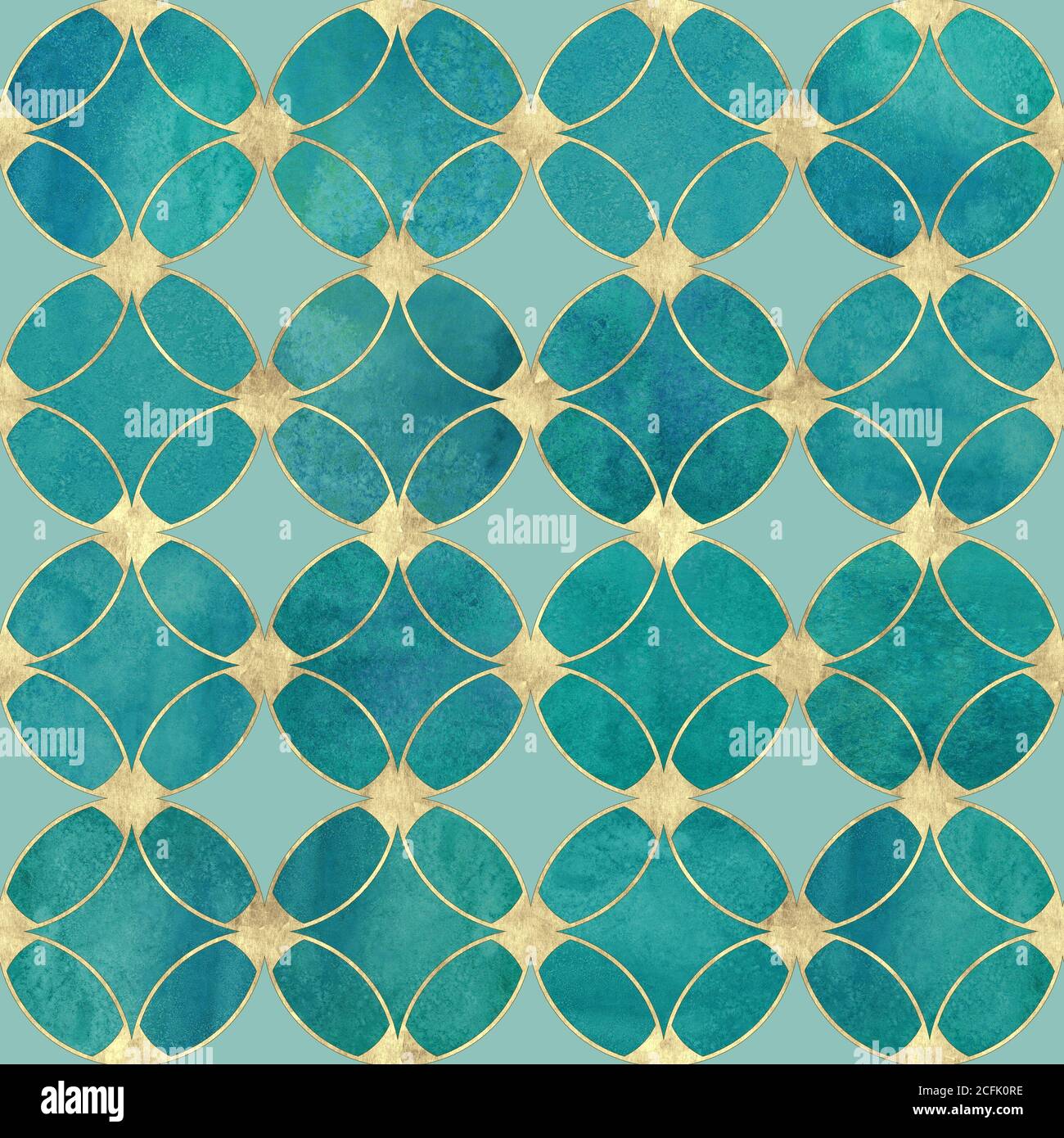 Seamless watercolour teal turquoise gold glitter abstract texture. Watercolor hand drawn grunge background with overlapping circles and golden contour Stock Photo