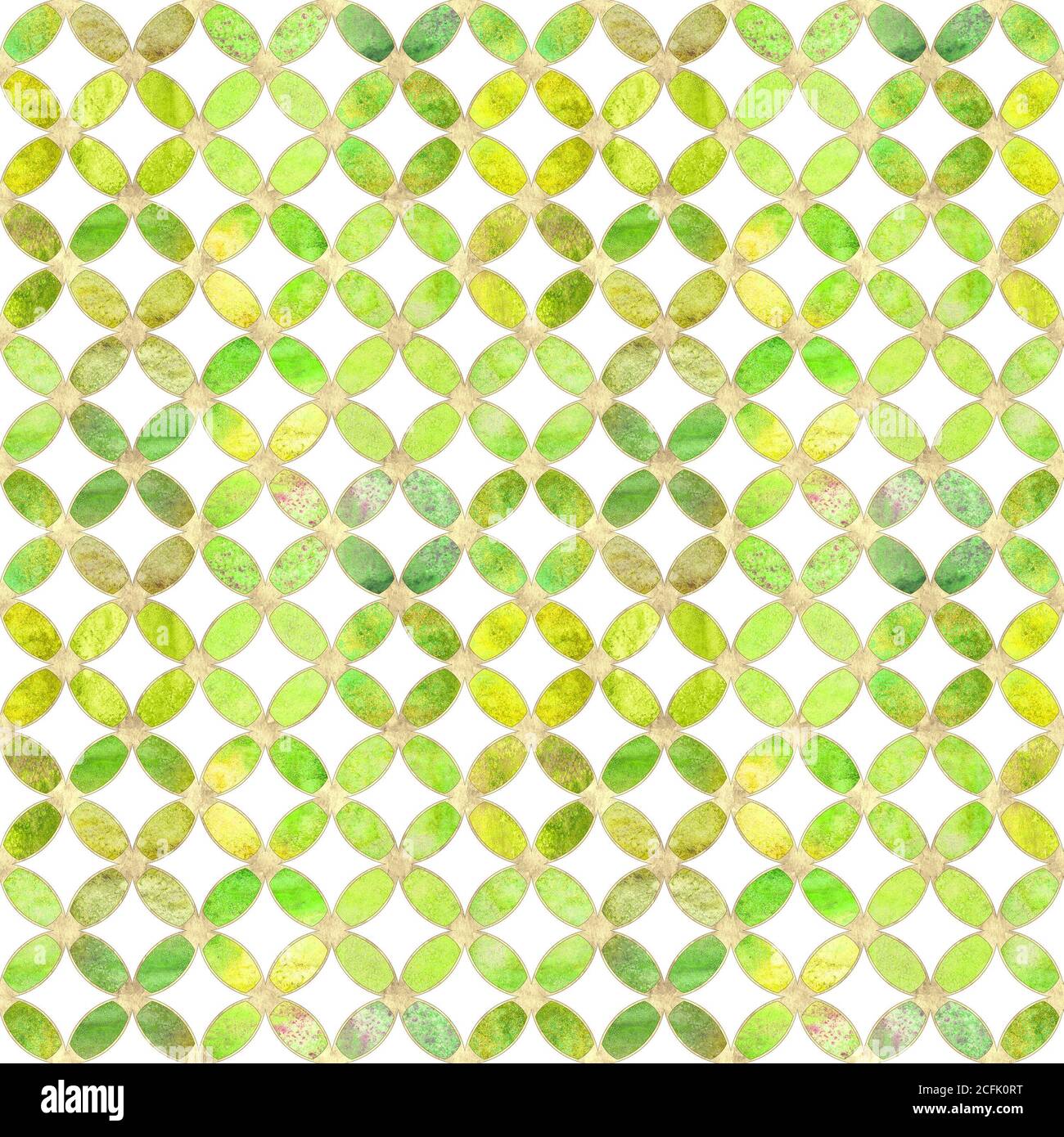 Seamless watercolour grunge yellow green gold glitter abstract texture. Watercolor hand drawn background with overlapping circles and golden contour p Stock Photo
