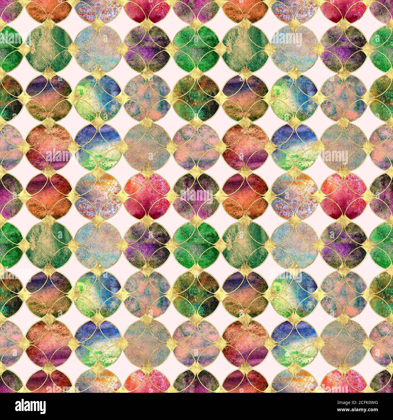 Abstract watercolour colorful gold glitter seamless texture. Watercolor hand drawn grunge background with overlapping circles and golden contour patte Stock Photo